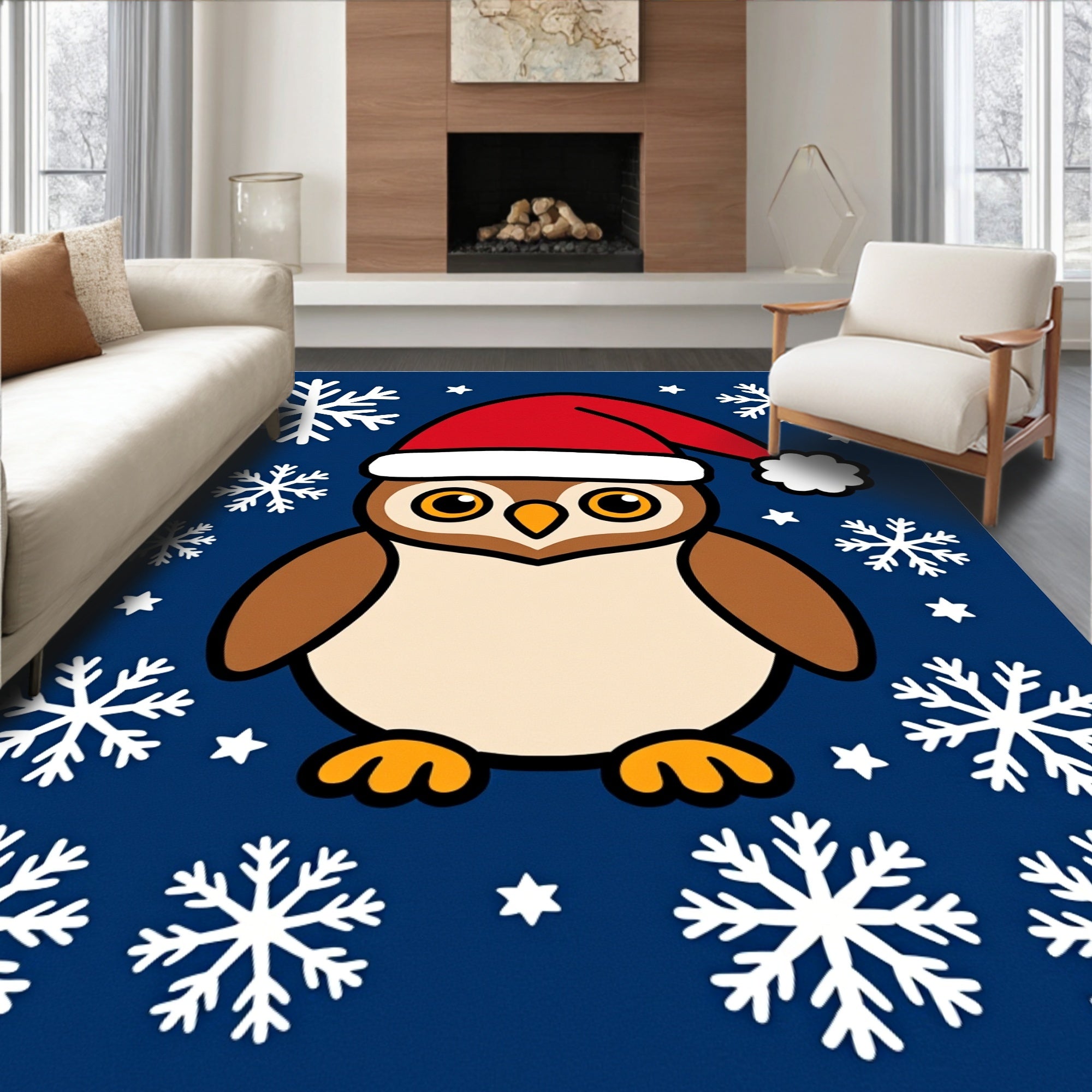Christmas Owl with Snowflakes on Navy Rug