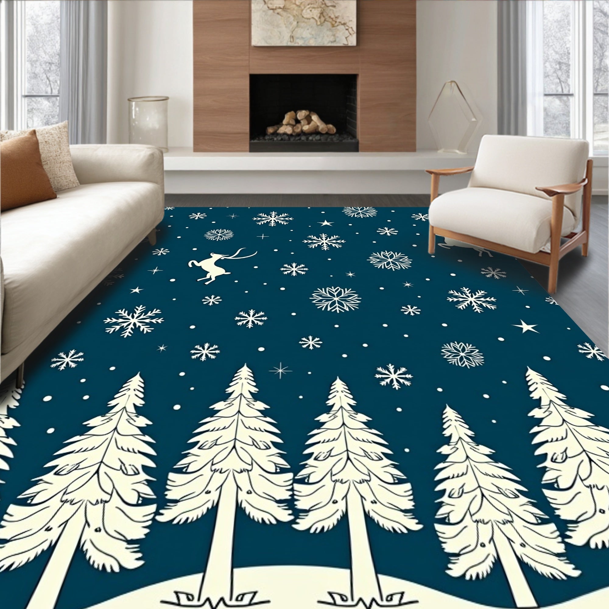 Festive Blue Snowy Reindeer Forest Rug