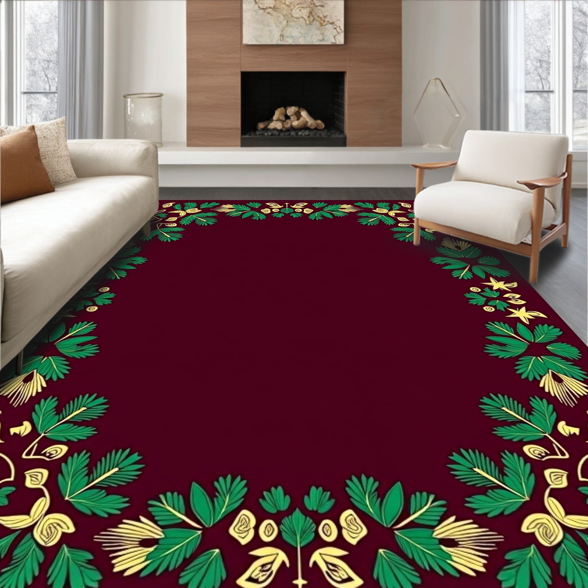 Crimson Garden Green Yellow Border Rug