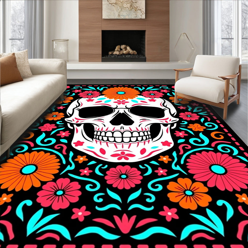 Vibrant Floral Skull With A Black Background Rug