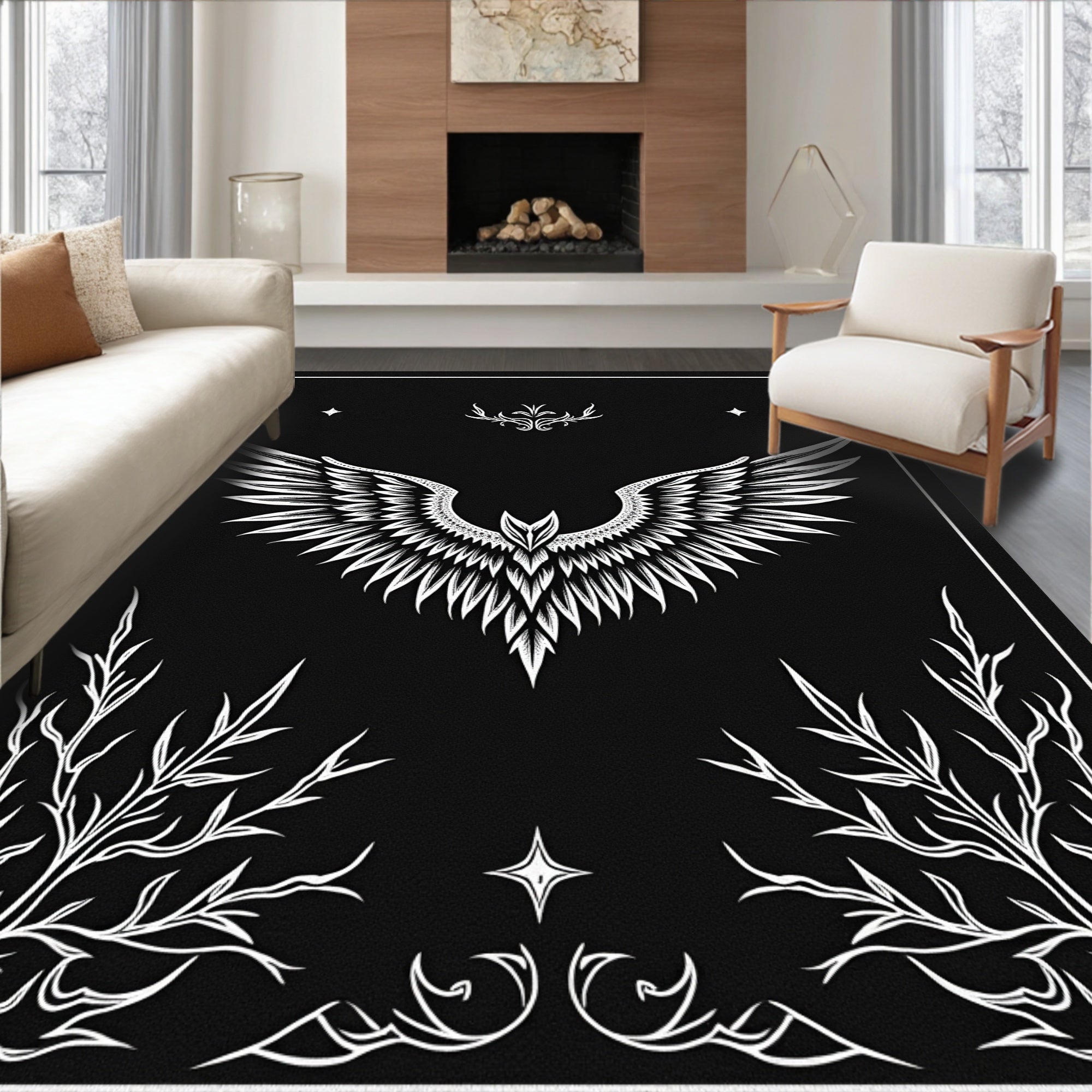 Majestic White Winged Creature Black Rug