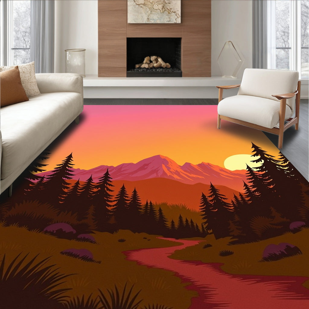 Crimson Orange Mountain Sunset Landscape Rug