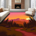 Crimson Orange Mountain Sunset Landscape Rug