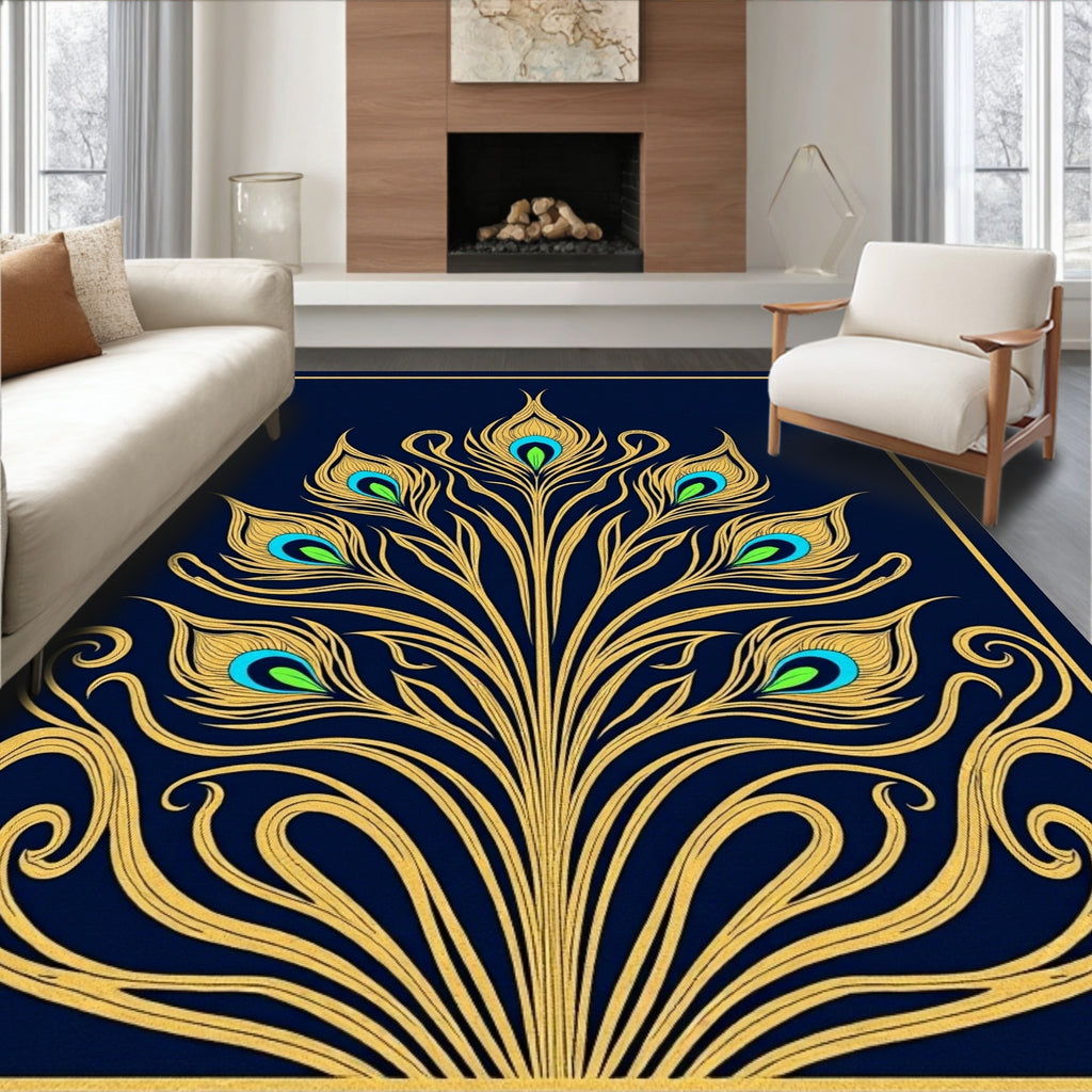 Golden Peacock Feather Navy Art Nouveau Rug