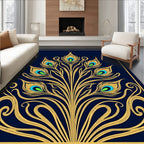 Golden Peacock Feather Navy Art Nouveau Rug