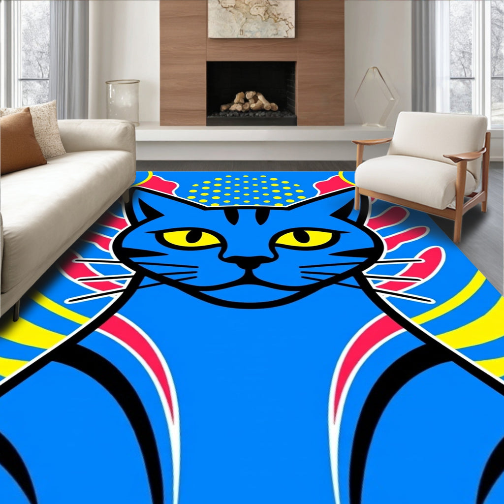 Vibrant Blue Feline Abstract Rays Rug