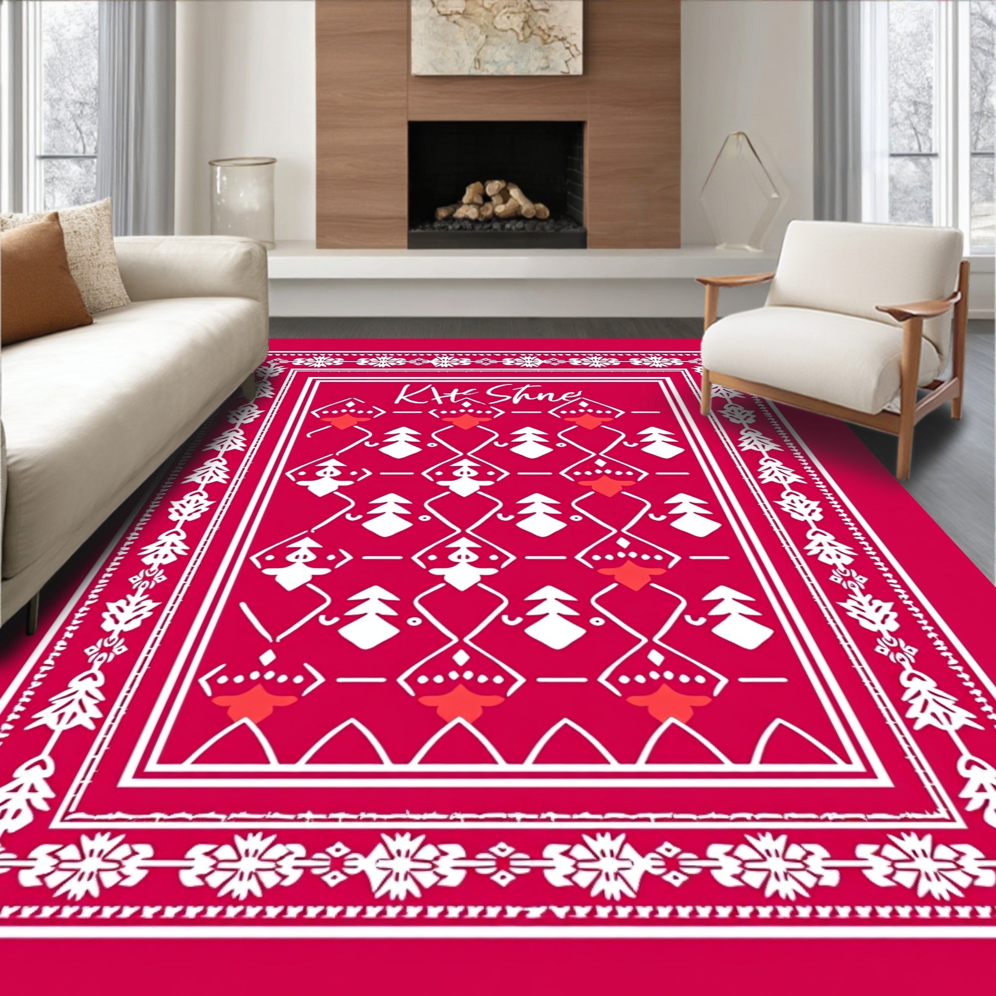 Bright Red Geometric Tree Border Rug
