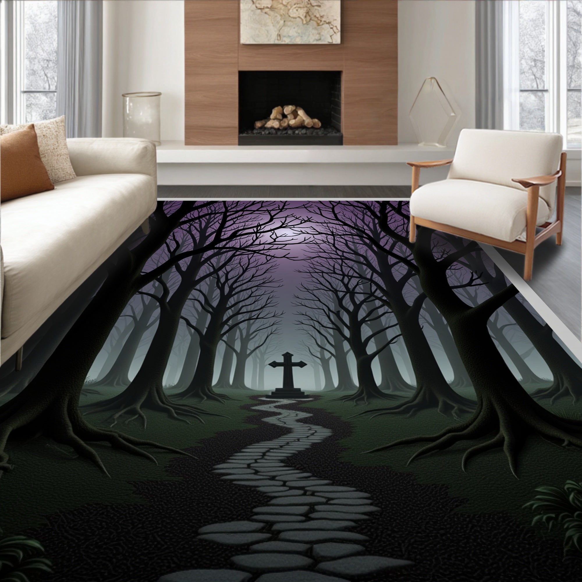 Dark Graveyard Path Stone Cross Rug