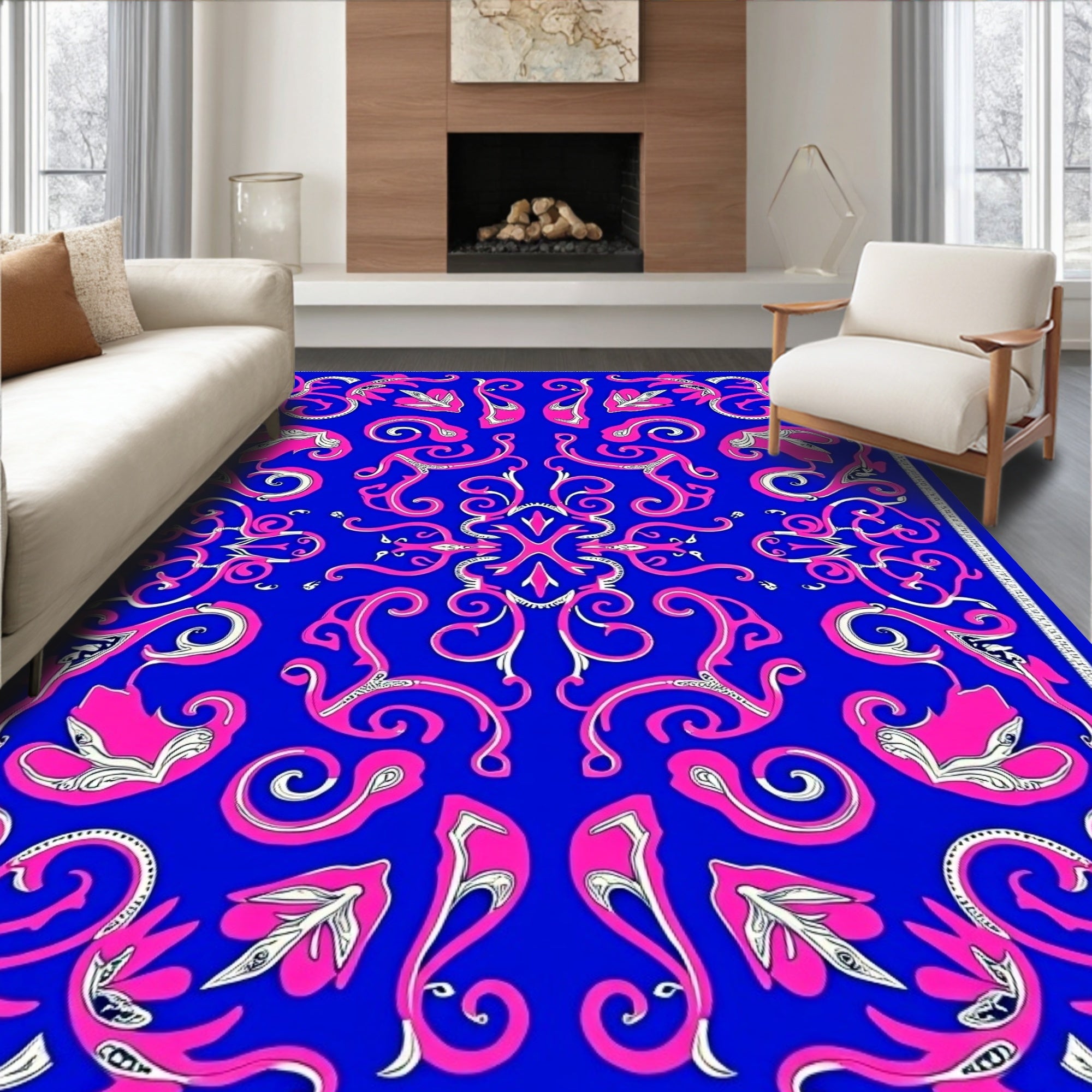 Vibrant Pink Swirls on Royal Blue Rug