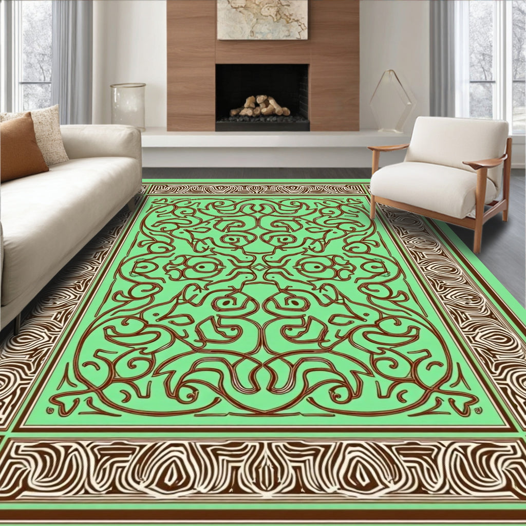 Mint Green Brown Intertwined Scrollwork Rug