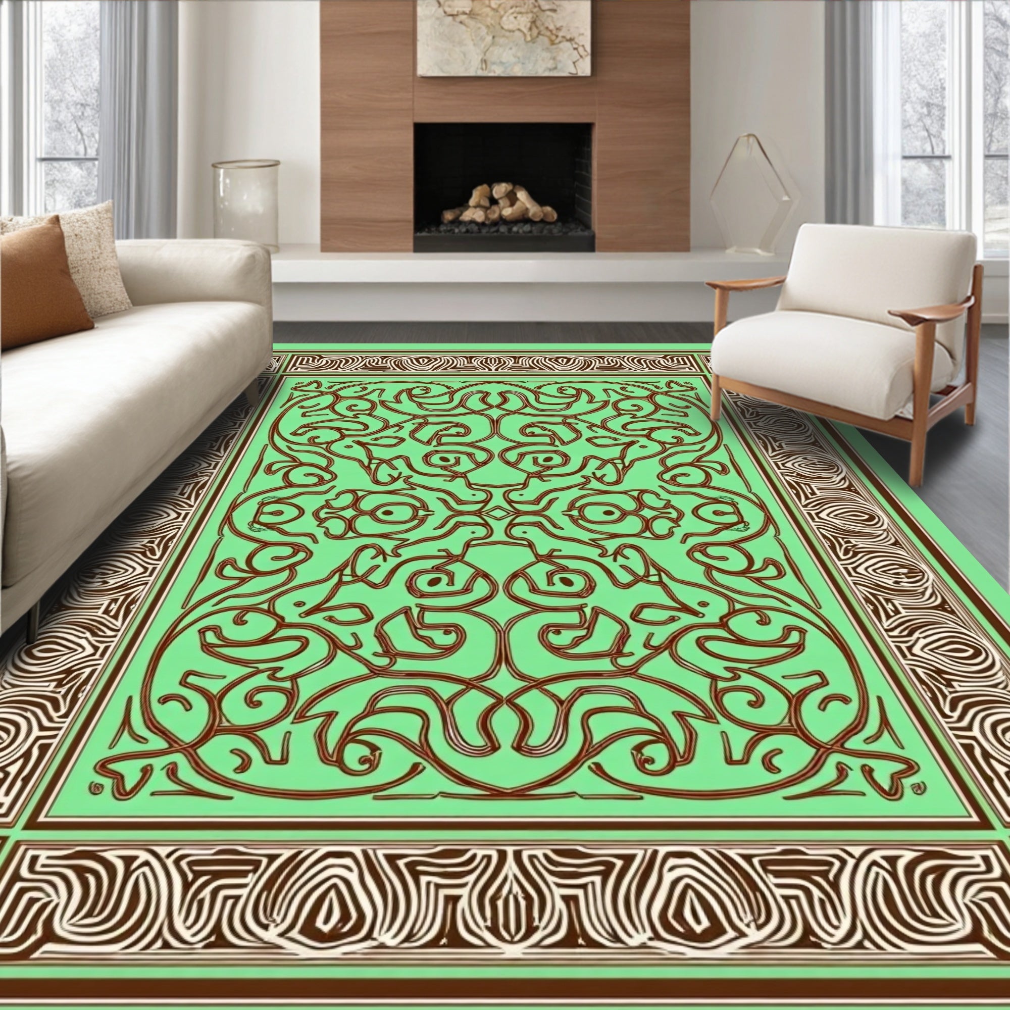 Mint Green Brown Intertwined Scrollwork Rug