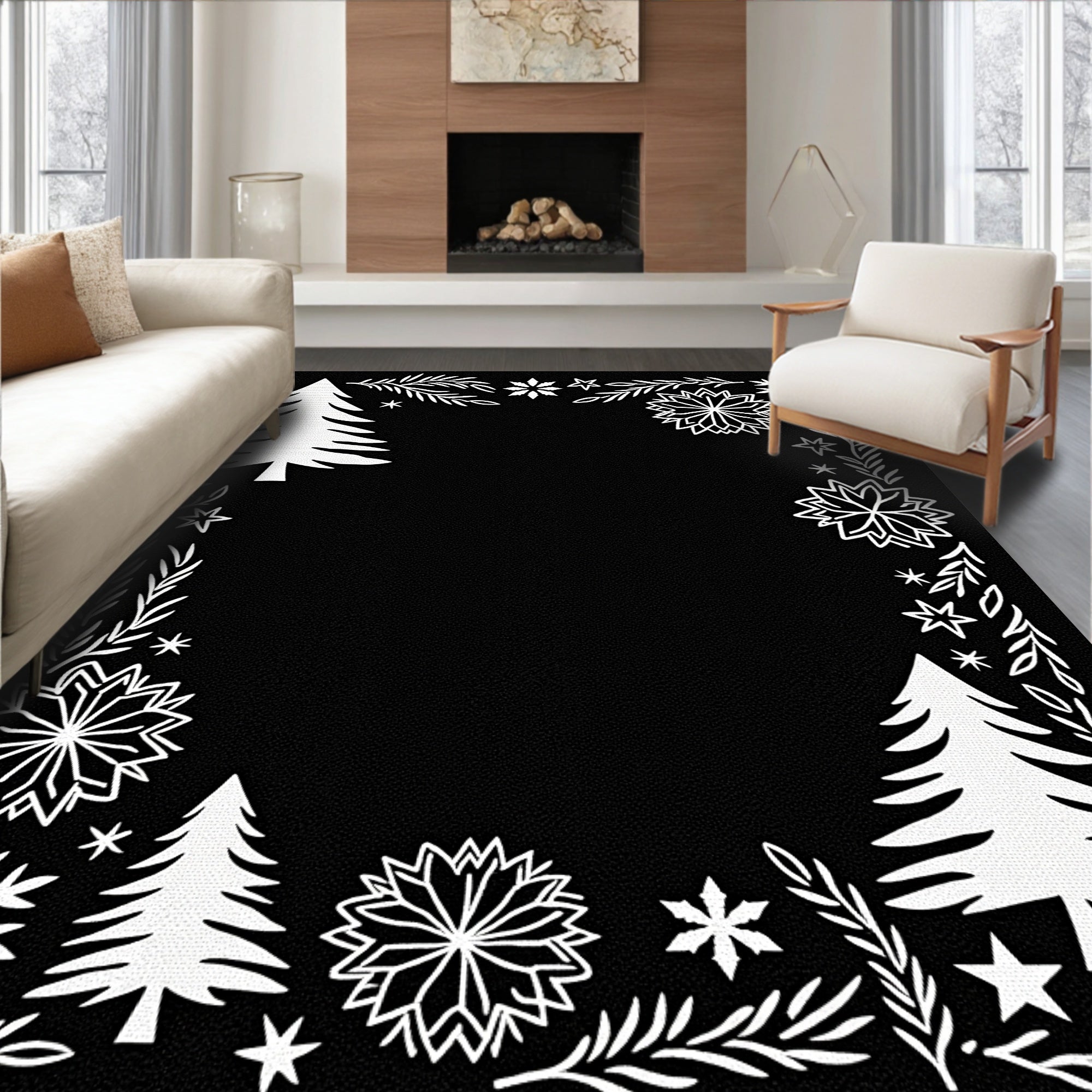 White Winter Evergreen Snowflakes Border Rug