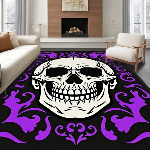 Black Purple Skull Damask Rug
