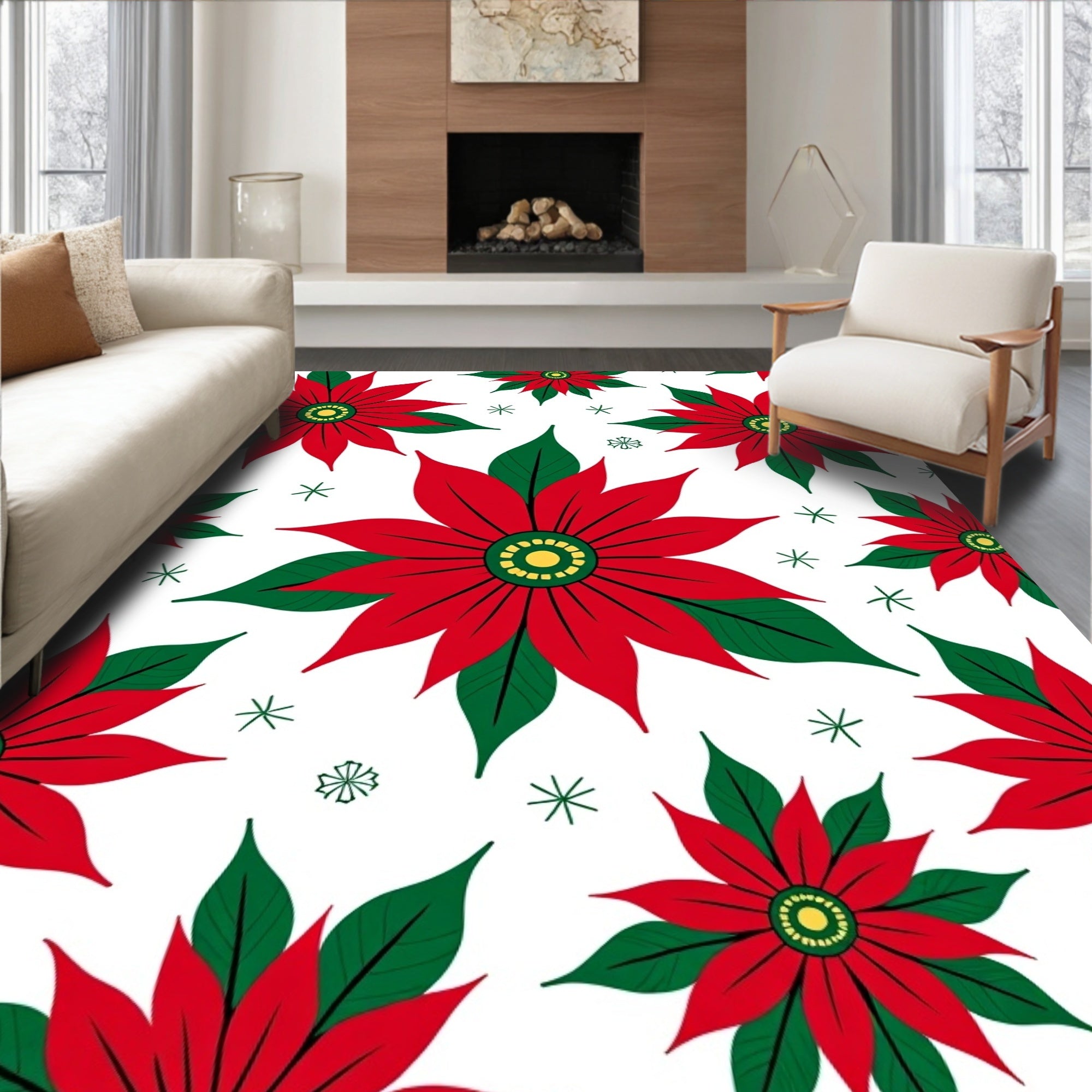Festive Red Poinsettia Starburst Rug