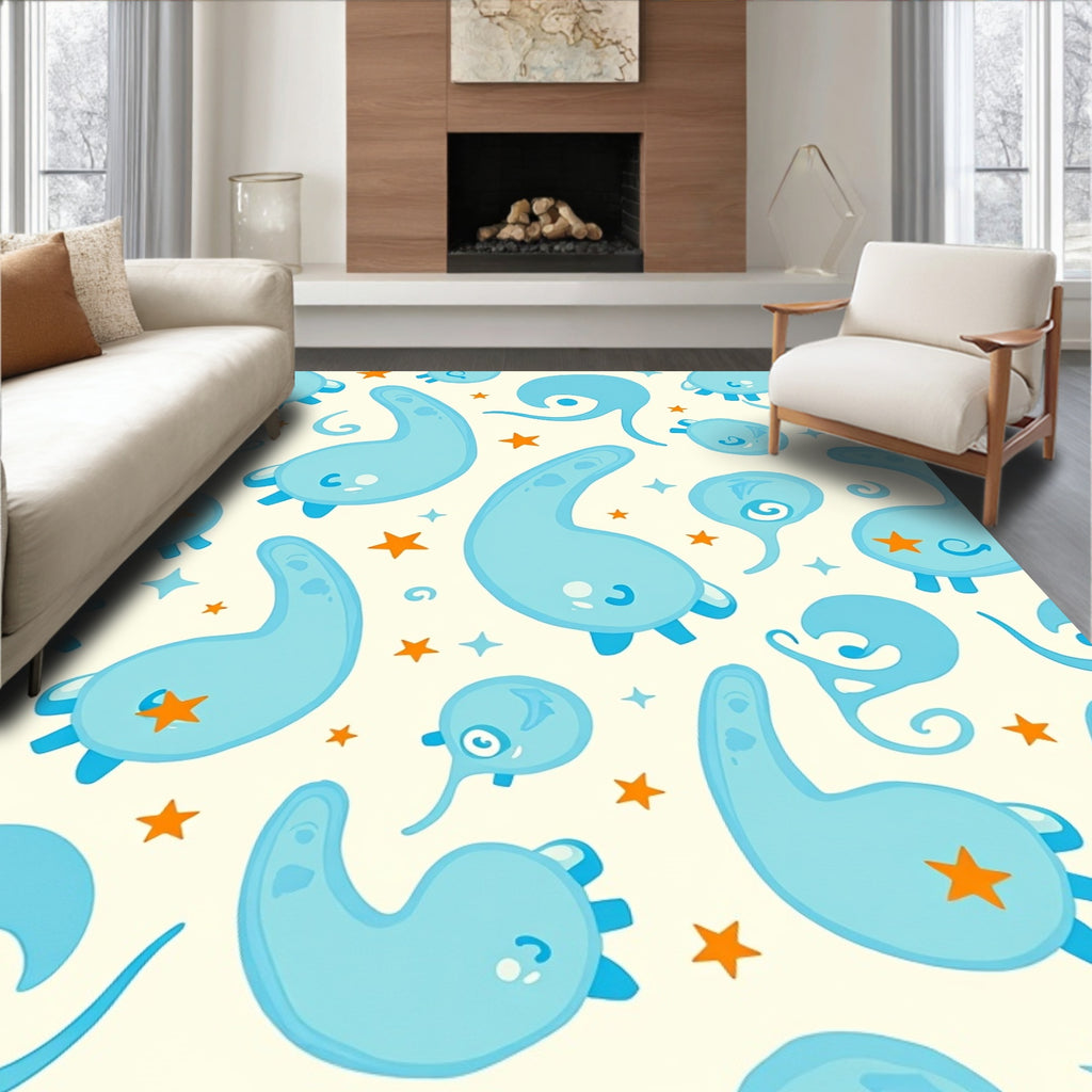 Whimsical Blue Creatures Orange Stars Rug