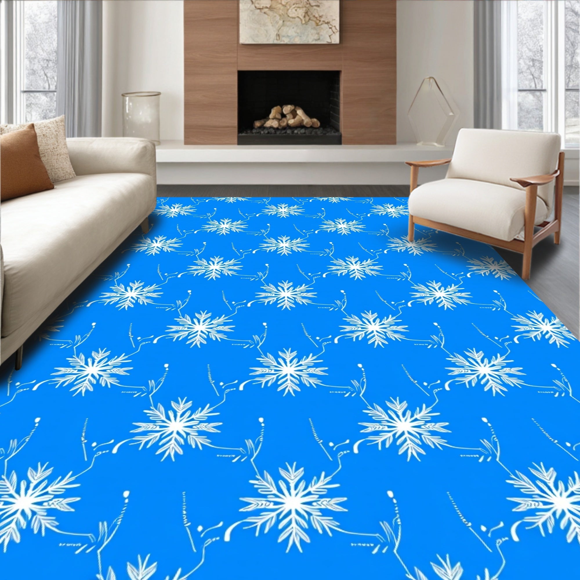 White Snowflakes on Blue Background Rug