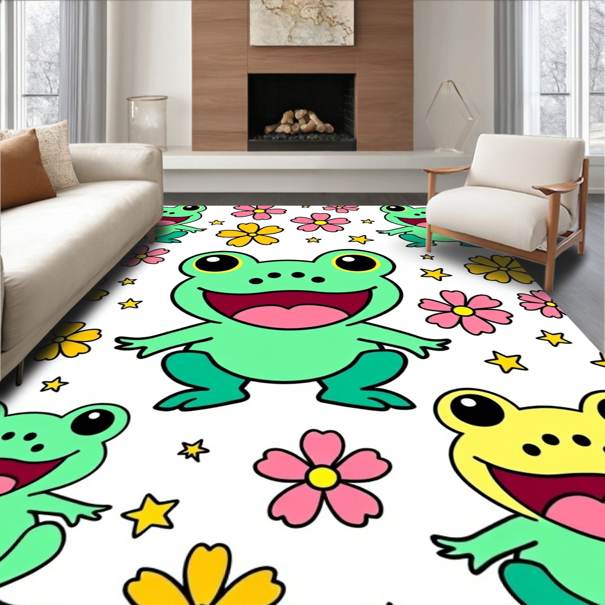 Happy Frogs with Flowers and Stars Rug