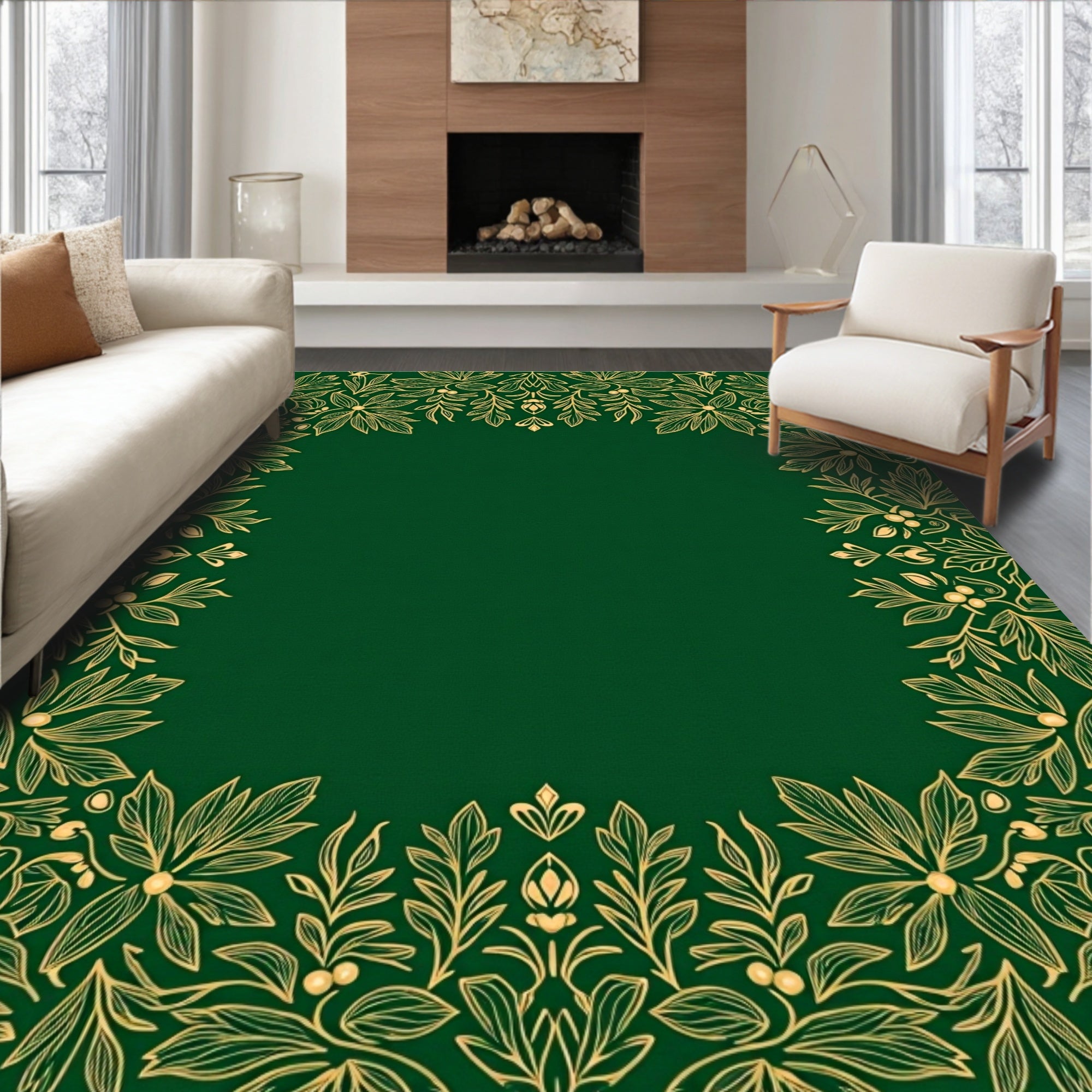 Emerald Green Golden Floral Border Rug