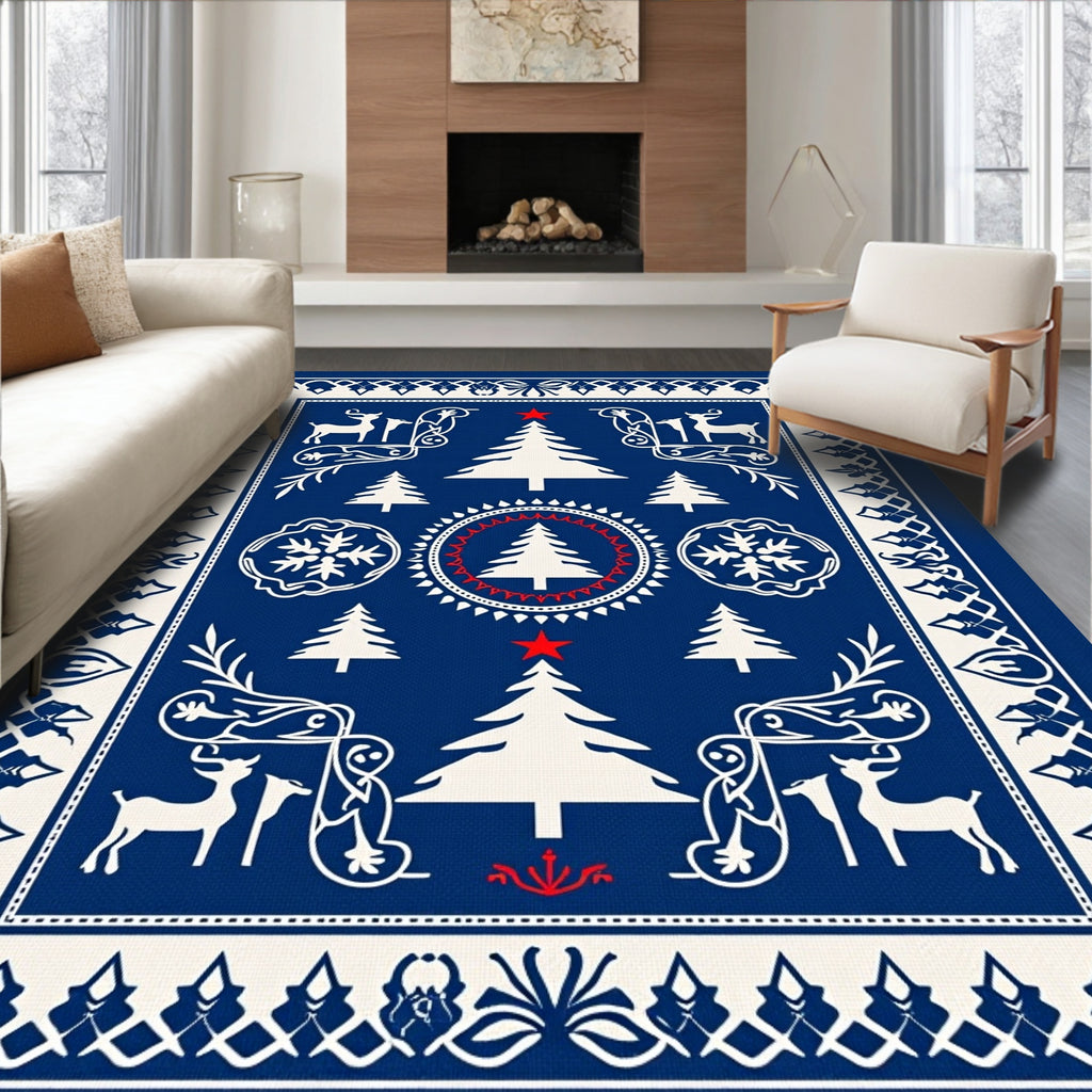 Winter Blue White Christmas Tree Reindeer Rug