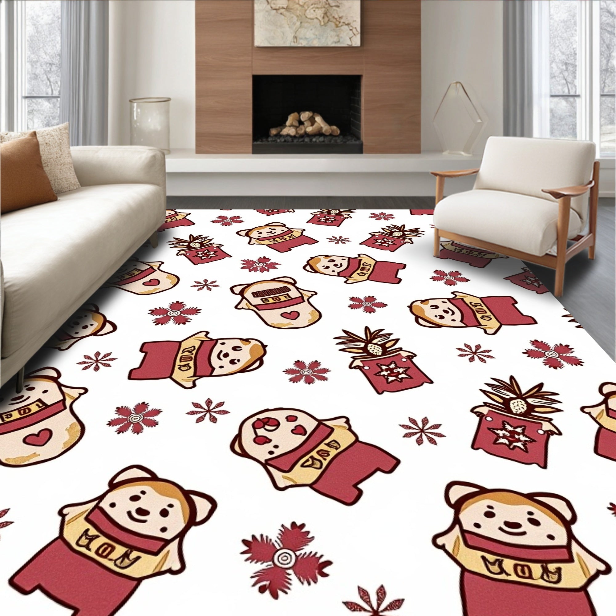 Cute Bear Pineapple Floral Red Rug