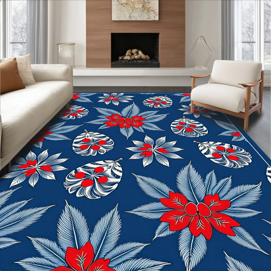 Bold Red Blue Floral Botanical Collage Rug