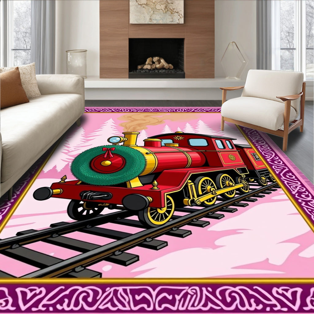 Red Vintage Train Winter Scene Rug