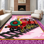 Red Vintage Train Winter Scene Rug