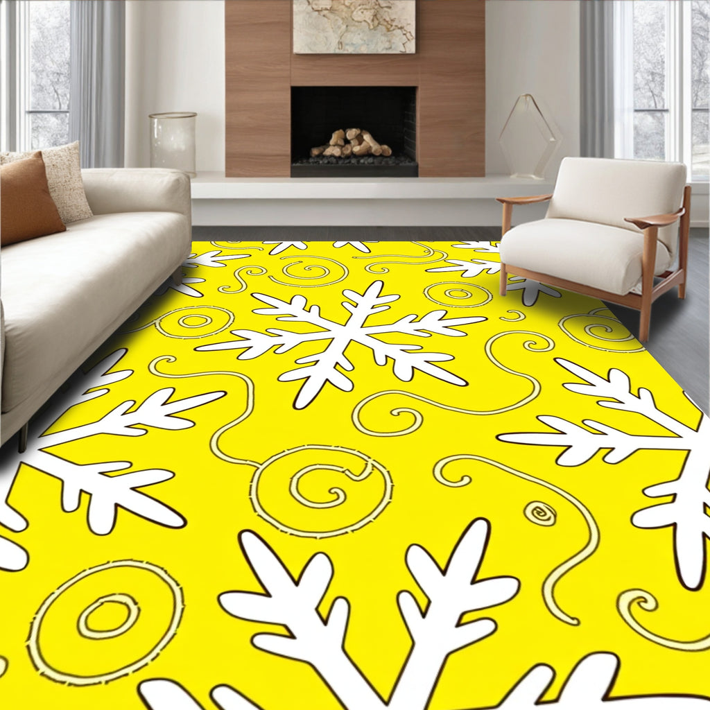 Yellow White Snowflakes Swirls Rug