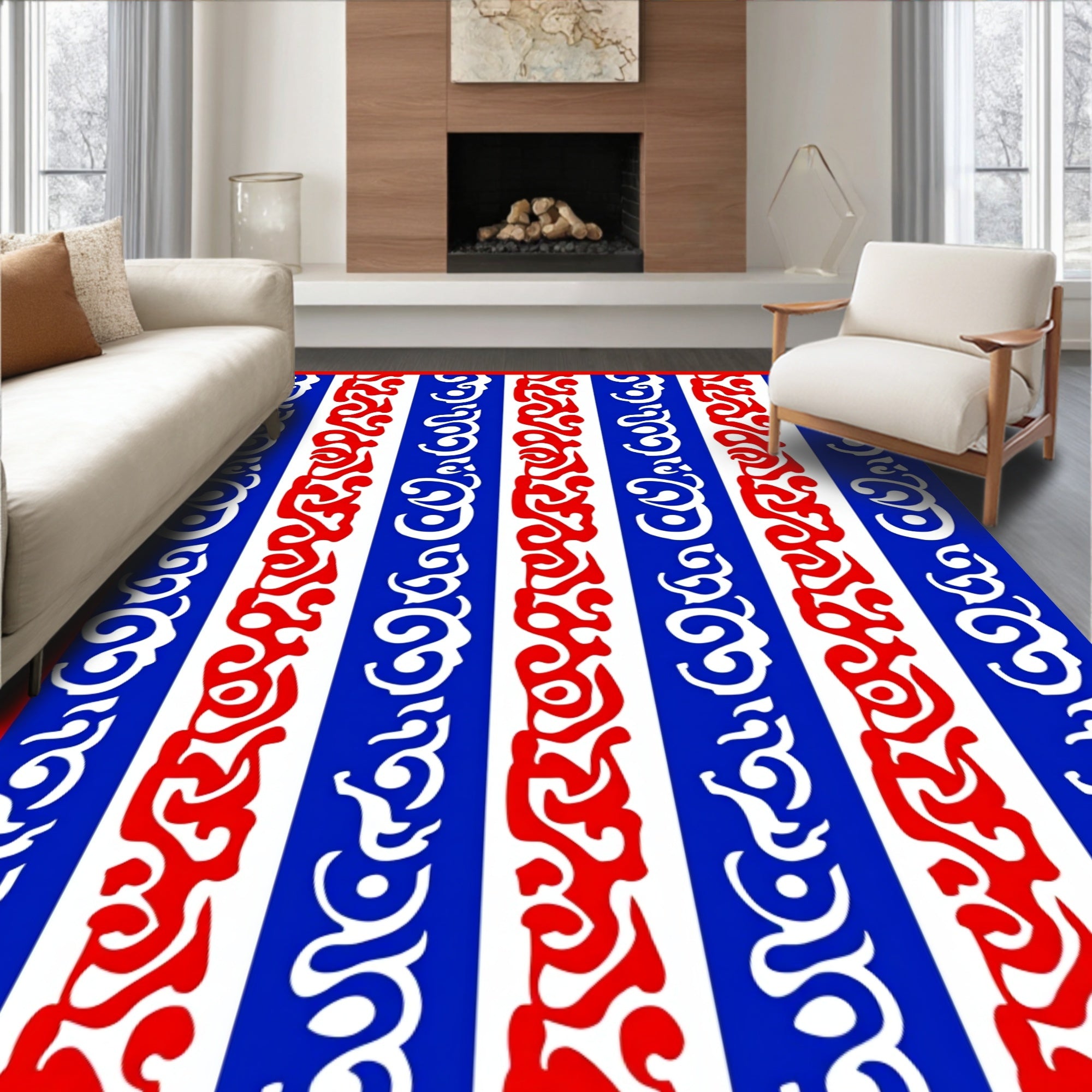 Bold Red White Blue Stripe Scroll Rug