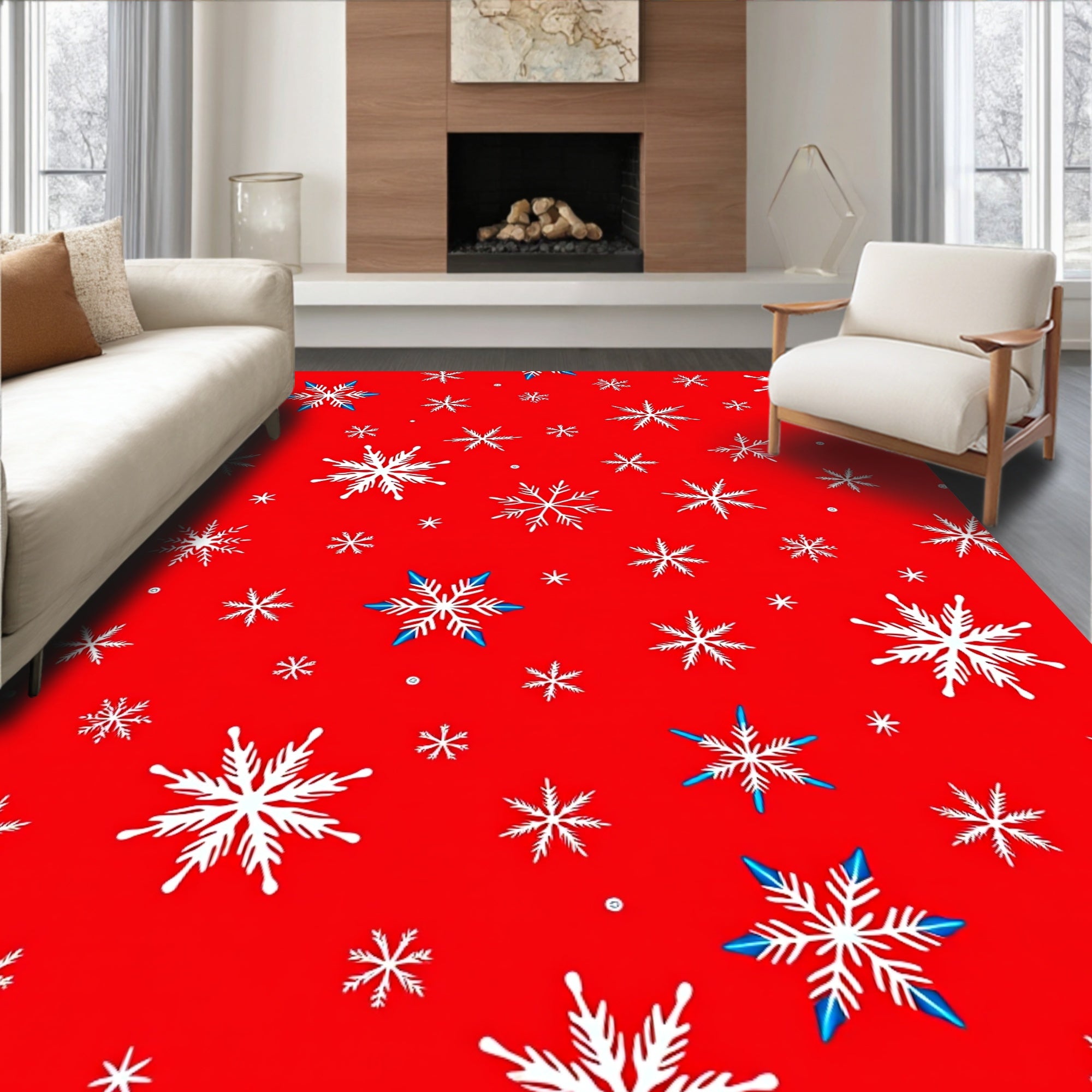 Red White Snowflake Collage Rug