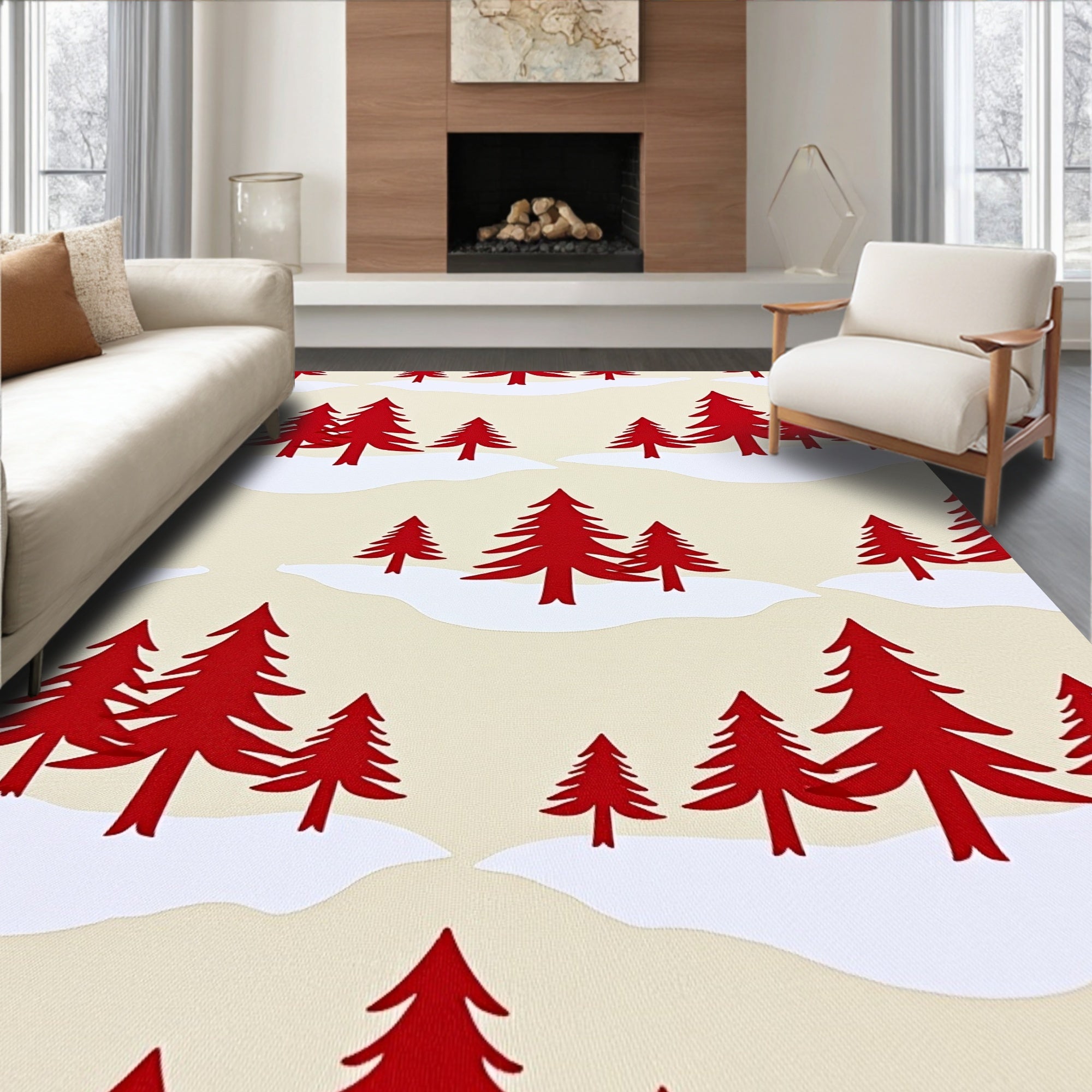 Crimson Evergreen Snowscape Hills Rug