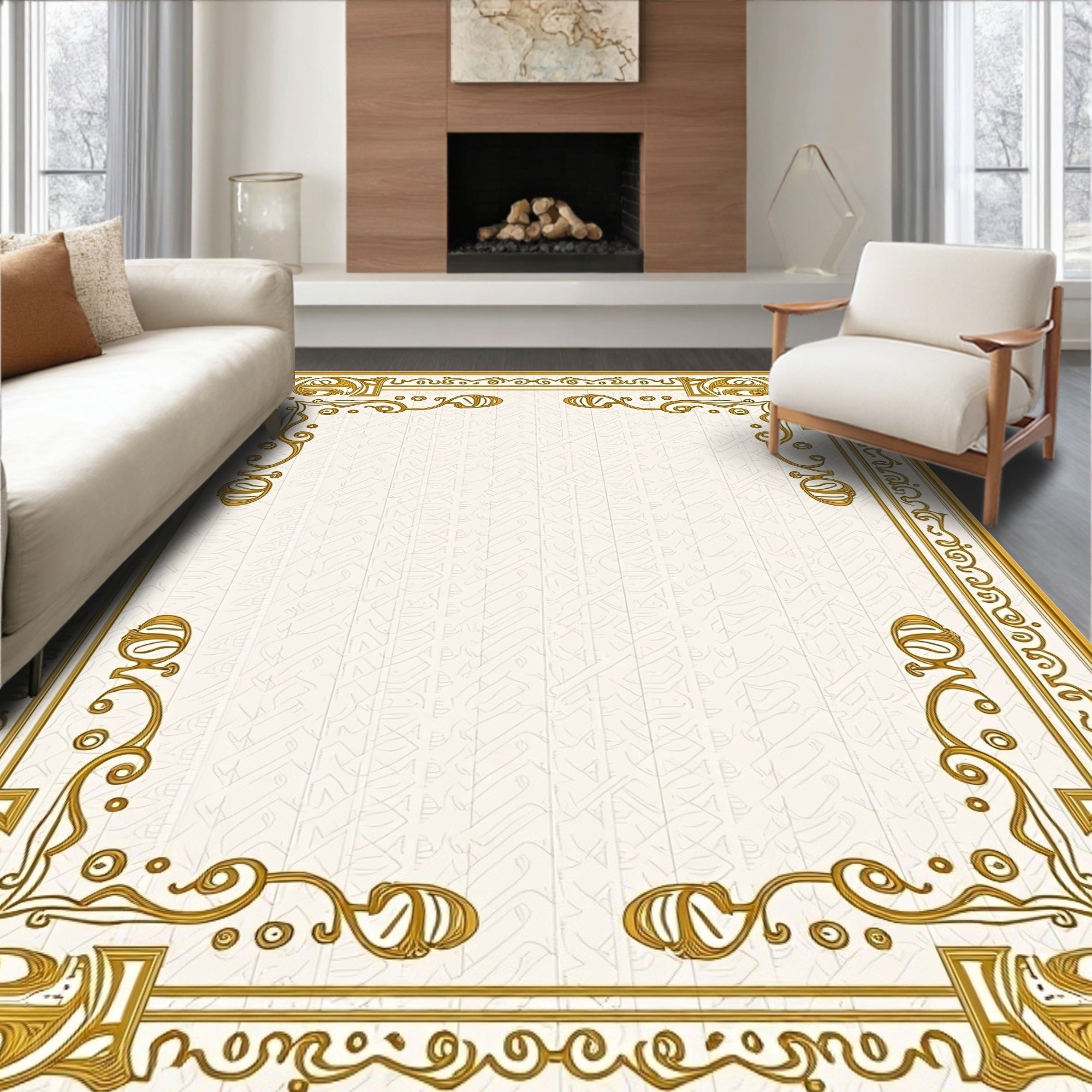 Golden Art Nouveau Floral Frame Rug