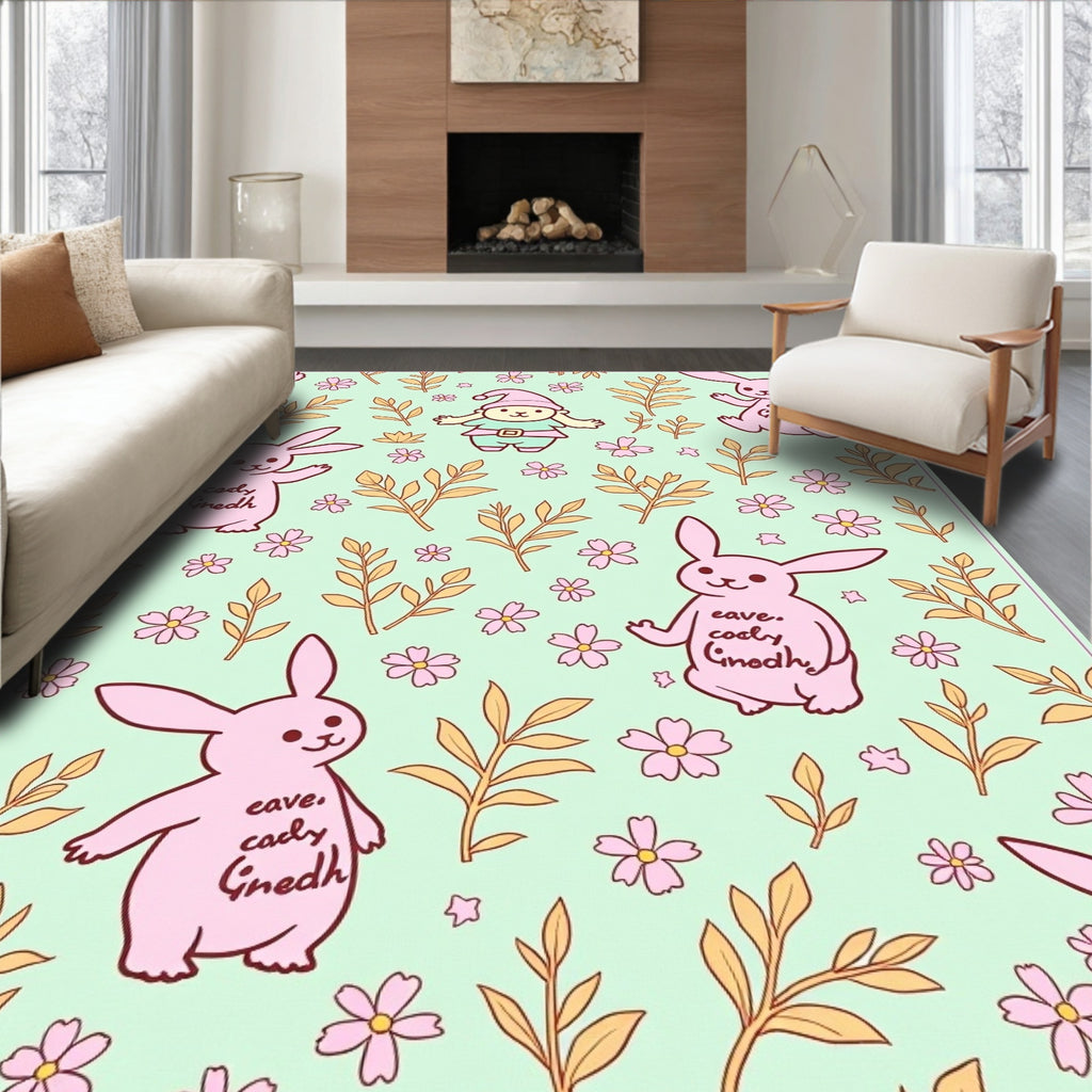 Pastel Pink Bunny Floral Garden Rug