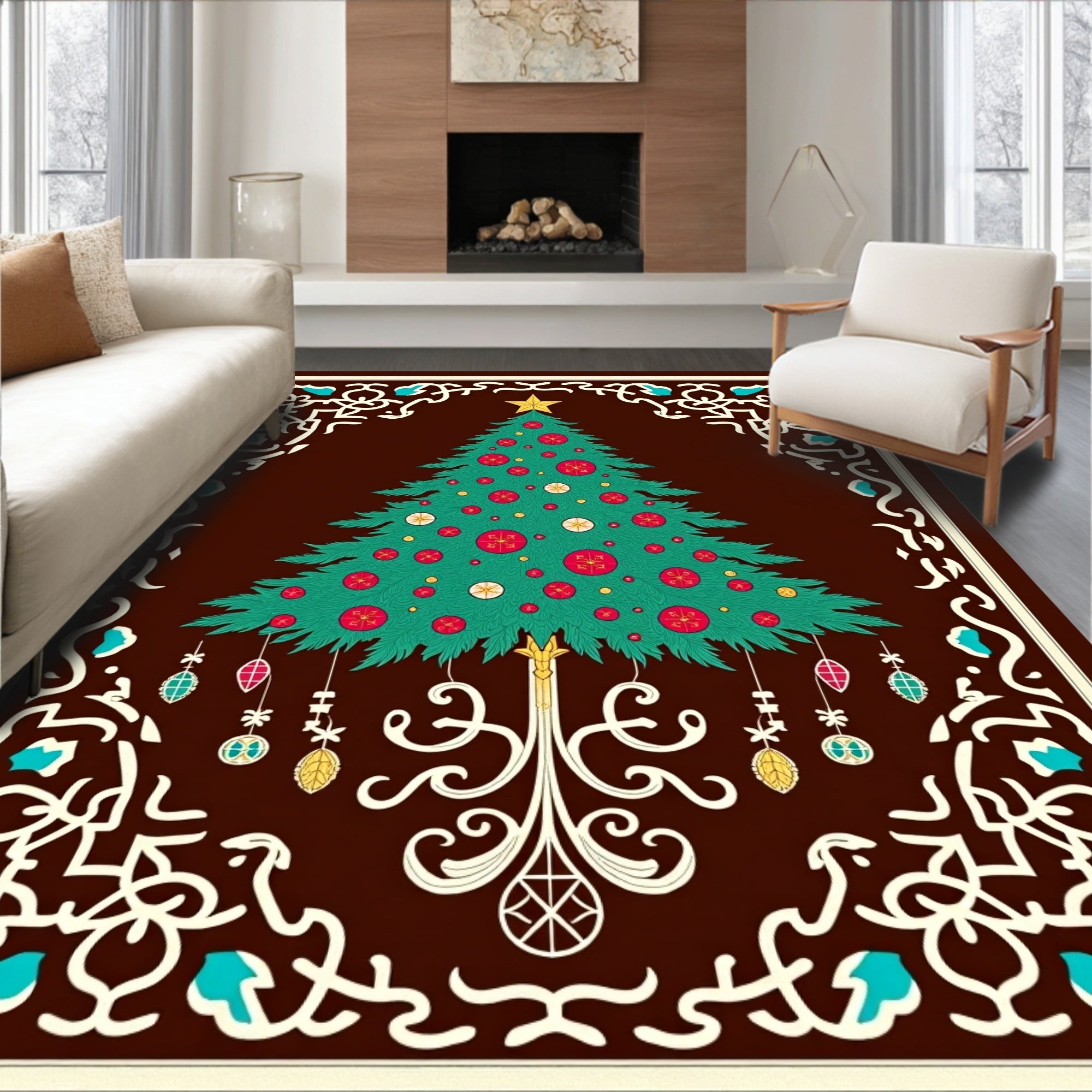 Festive Green Christmas Tree Ornaments Rug