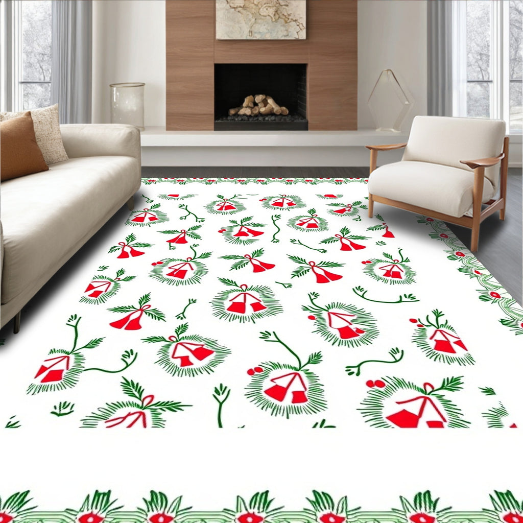 Crimson Bells Green Fir Wreath Border Rug