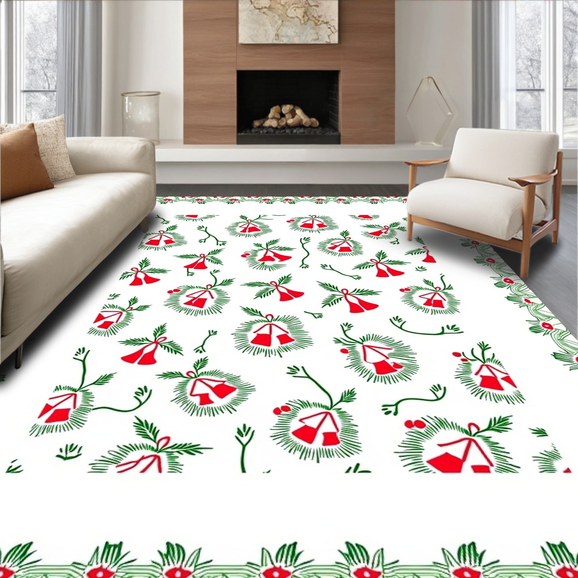Crimson Bells Green Fir Wreath Border Rug