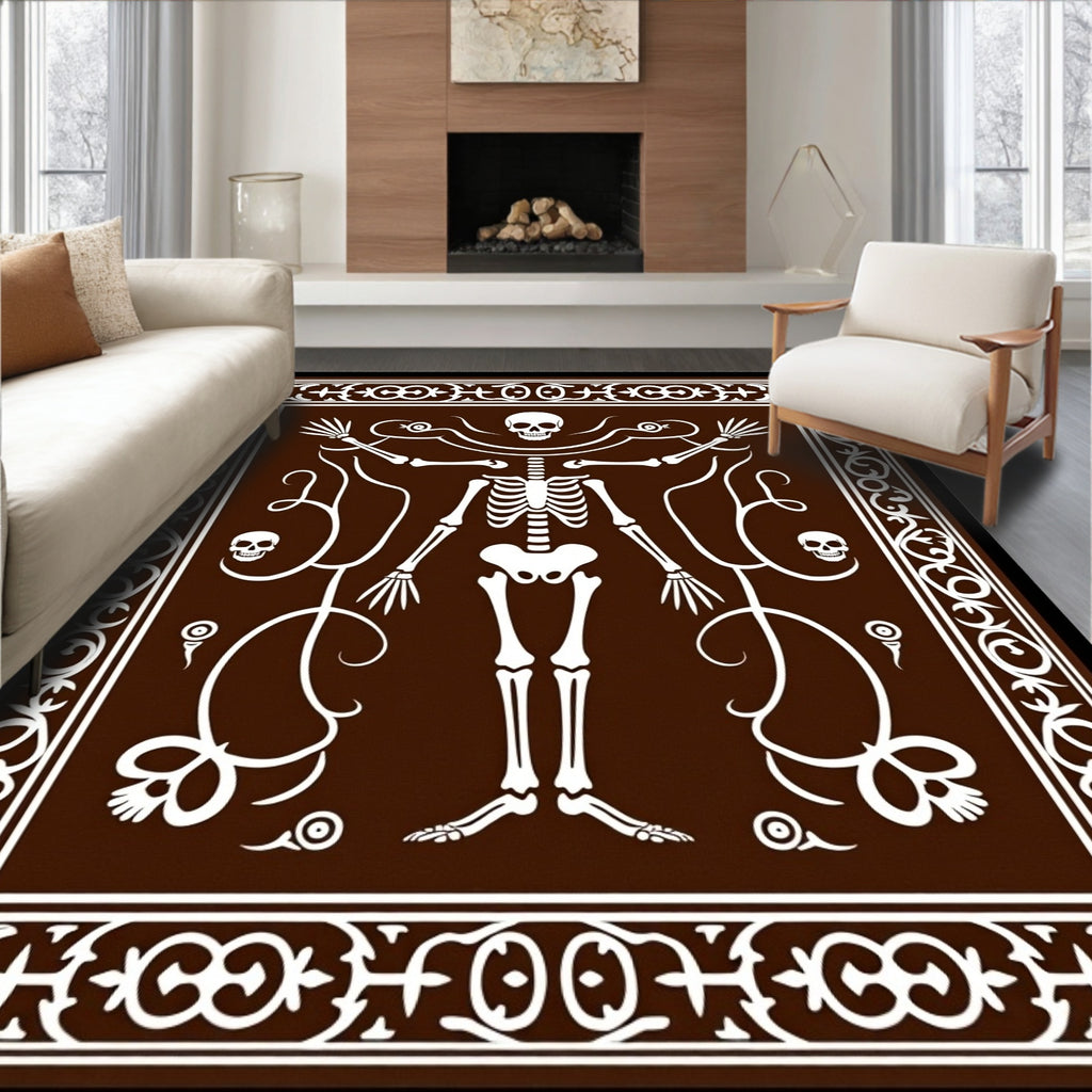 Brown White Skeleton Vine Border Rug
