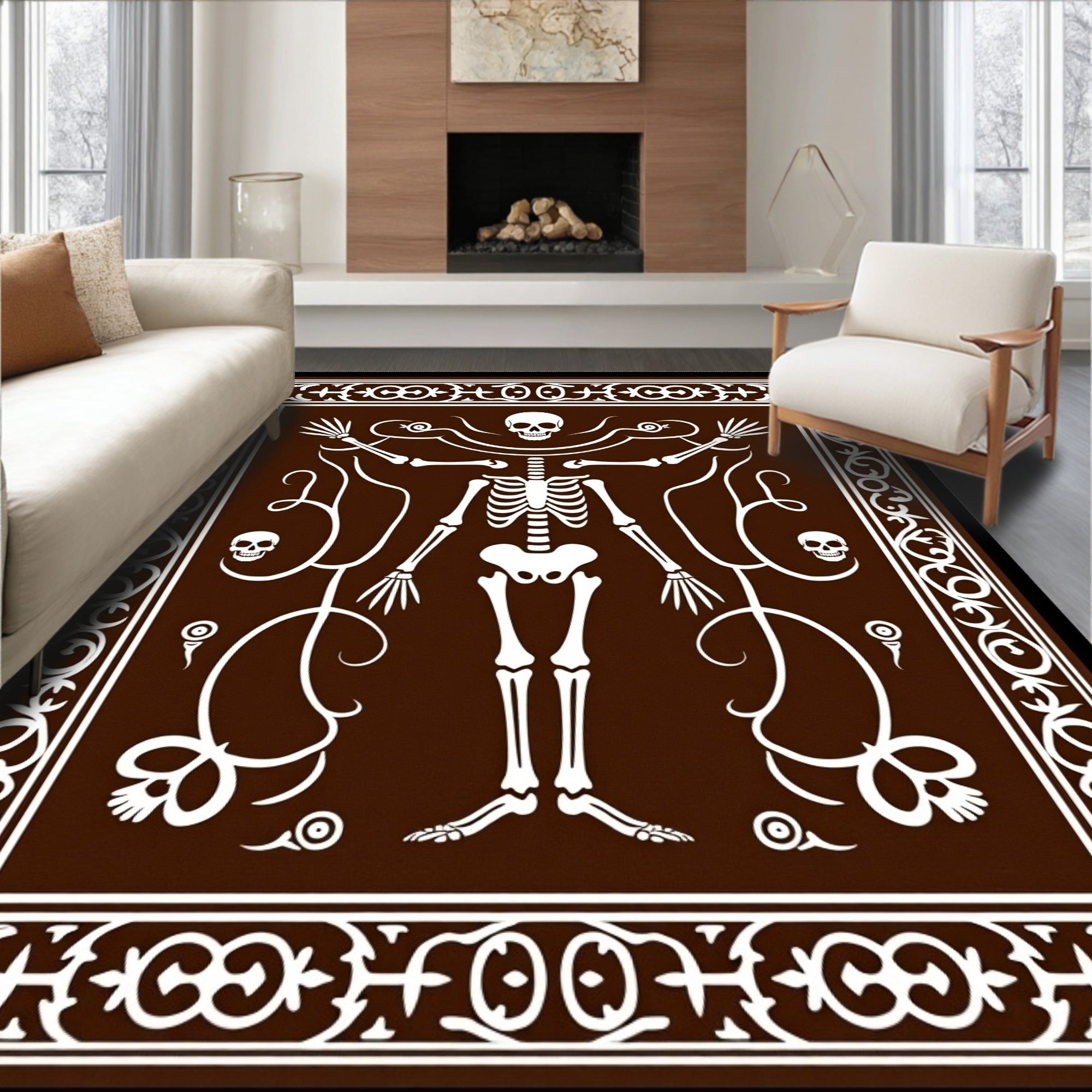 Brown White Skeleton Vine Border Rug
