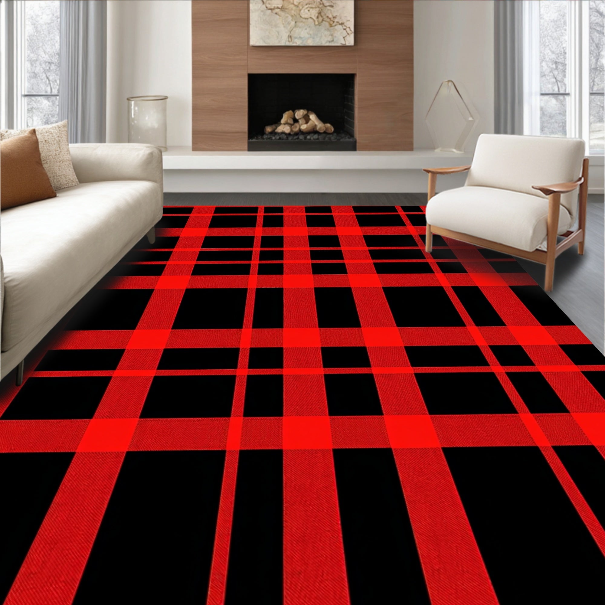 Crimson Black Checked Grid Fabric Rug