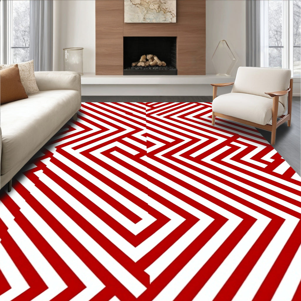 Red and White Geometric Maze Rug
