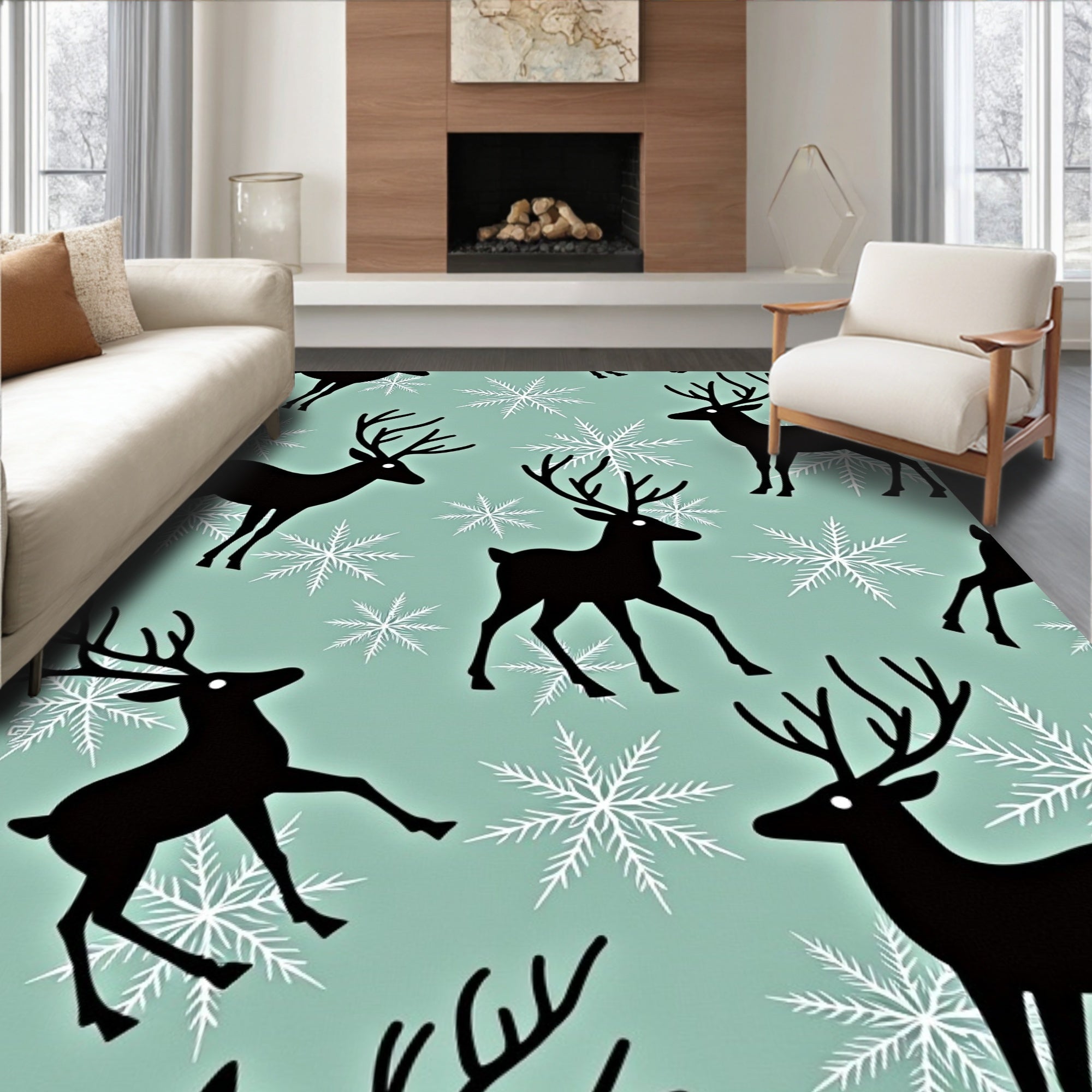 Arctic Black Reindeer Snowflakes Rug