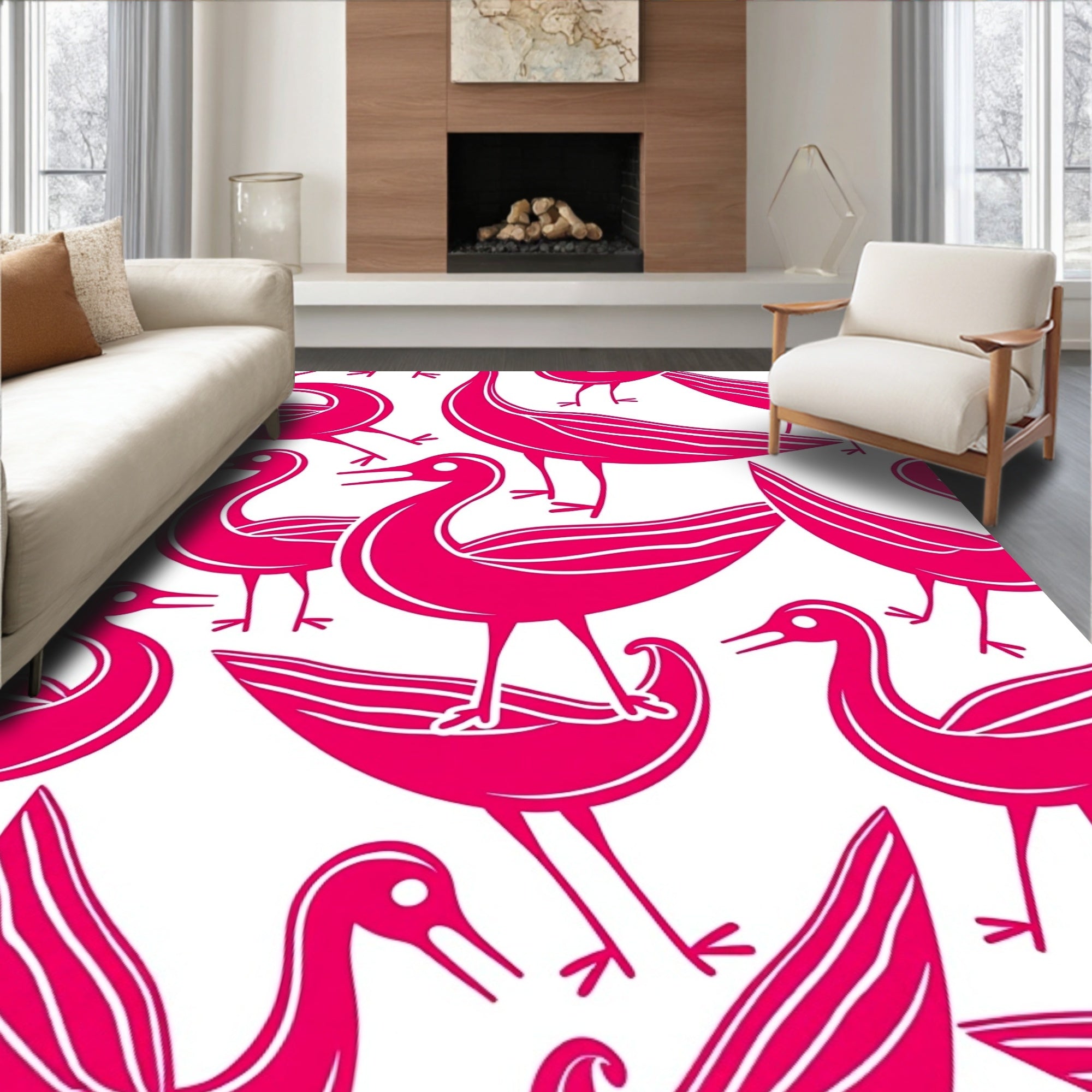 Vibrant Pink Abstract Bird Arrangement Rug