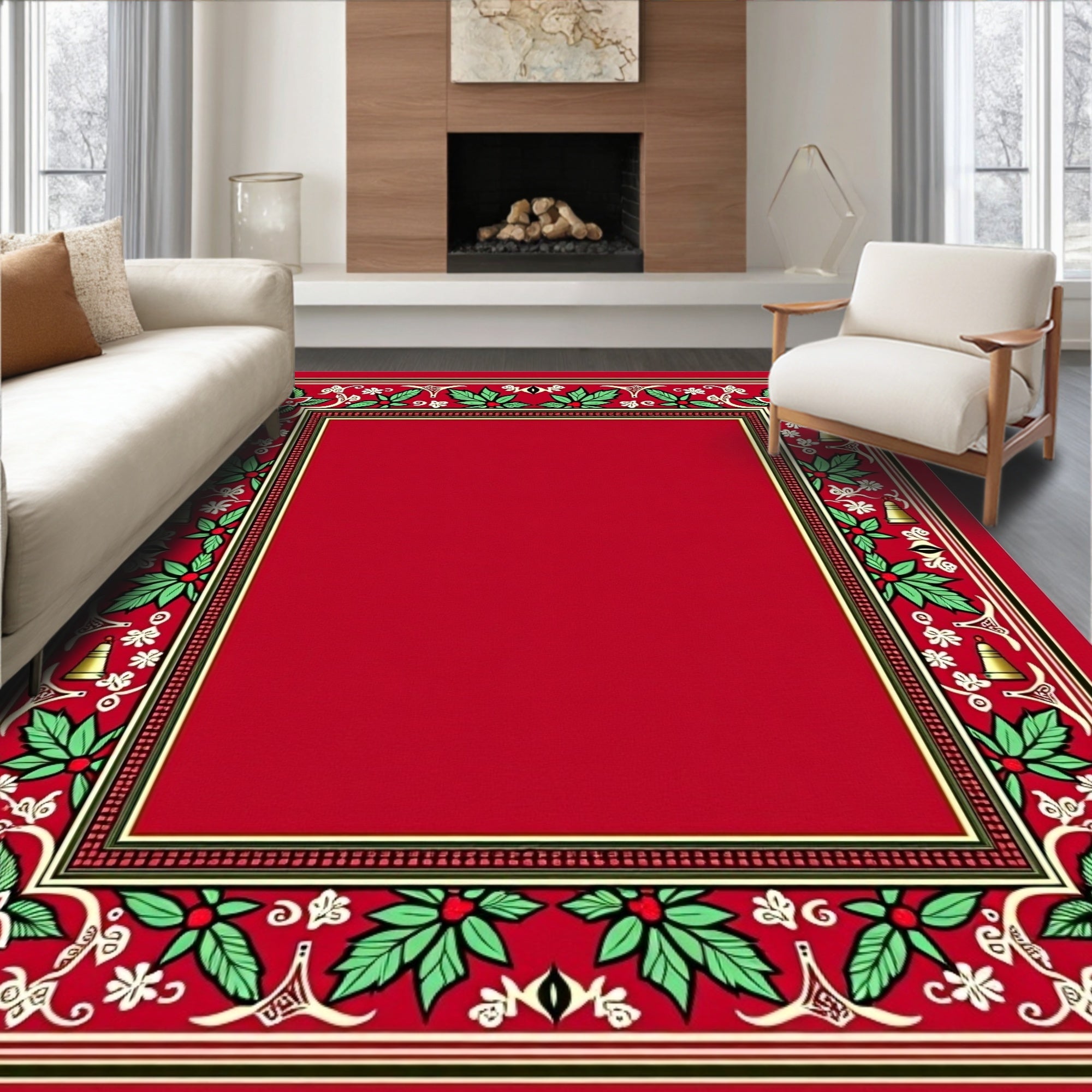 Classic Red Holly Bell Border Rug
