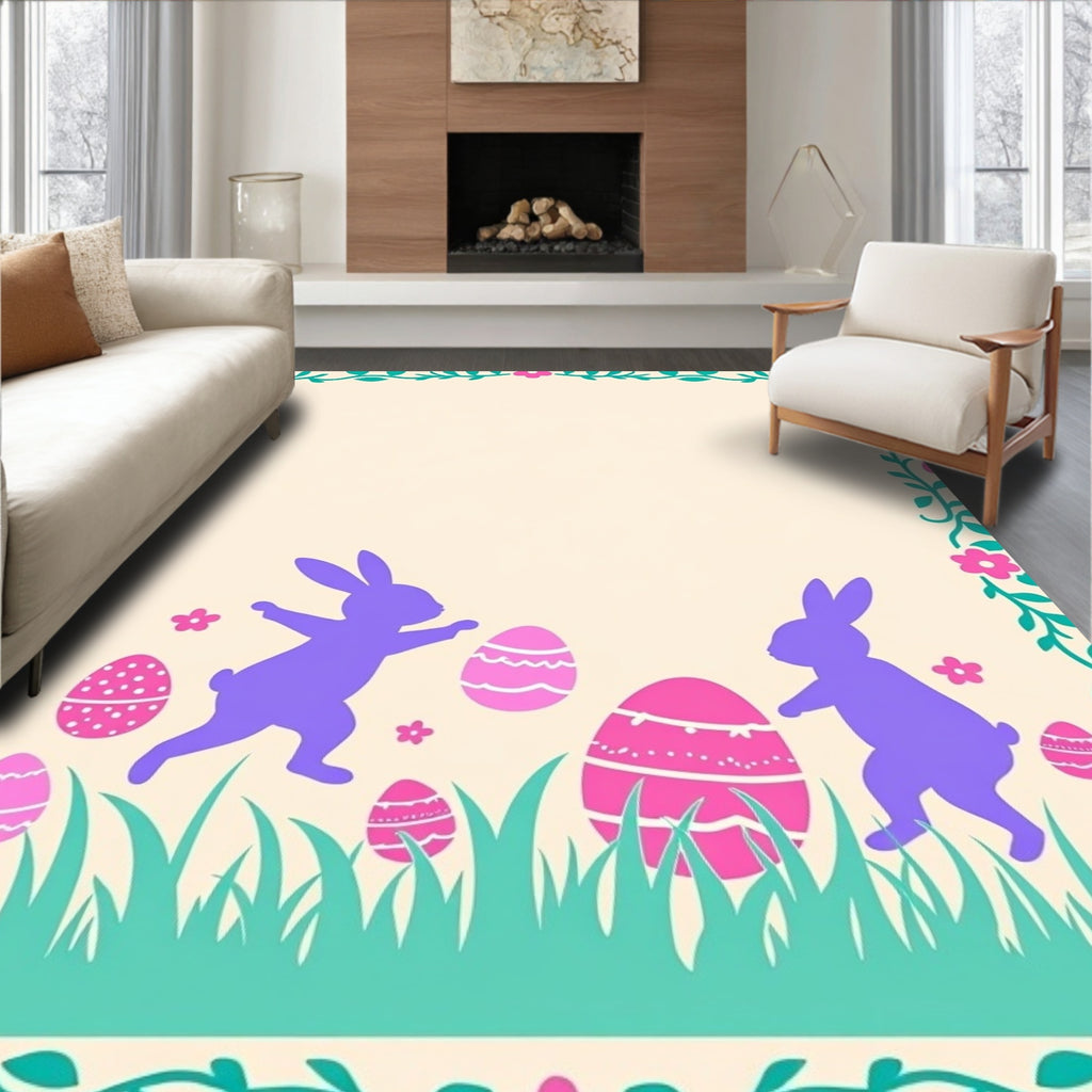 Playful Purple Bunnies Easter Eggs Field Rug