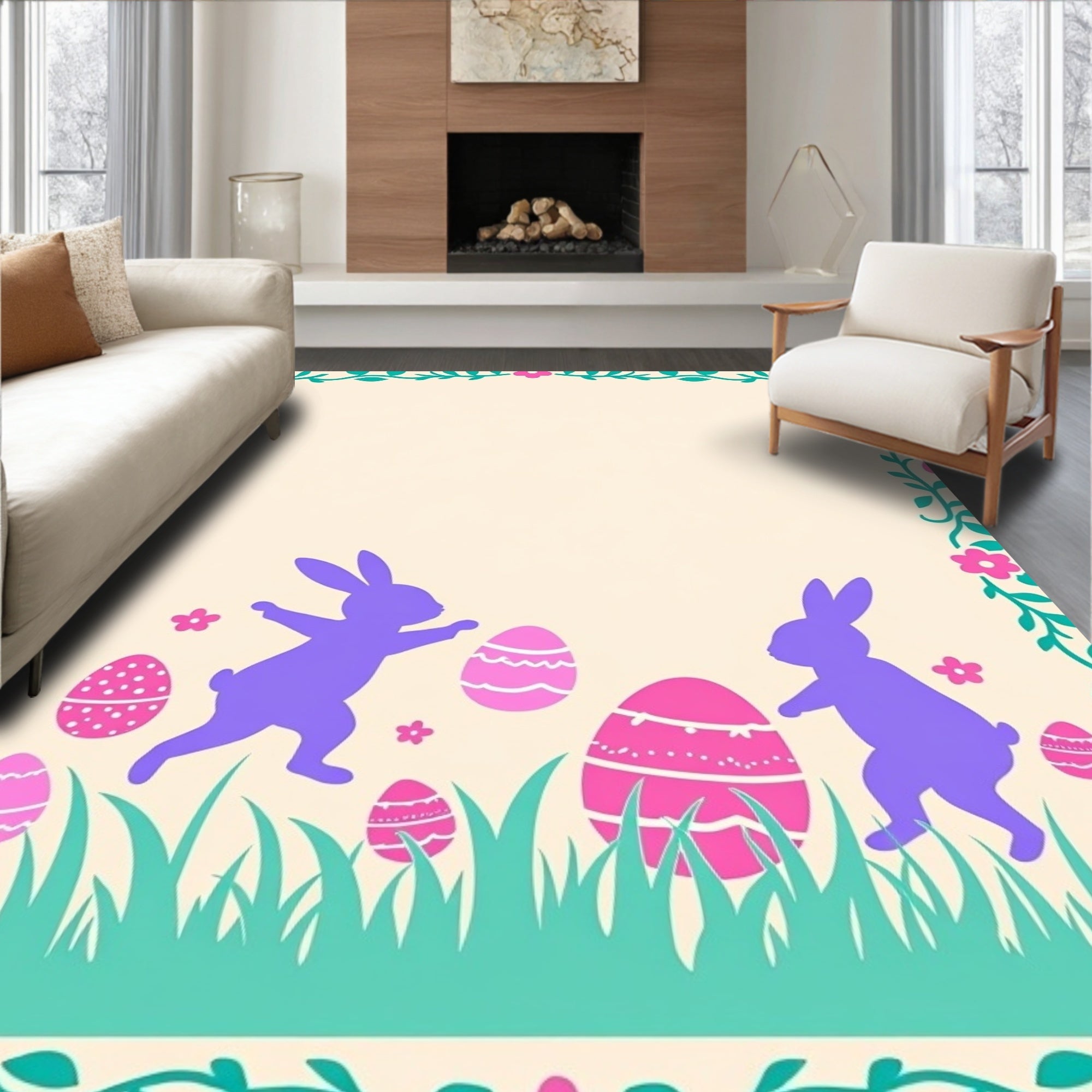 Playful Purple Bunnies Easter Eggs Field Rug