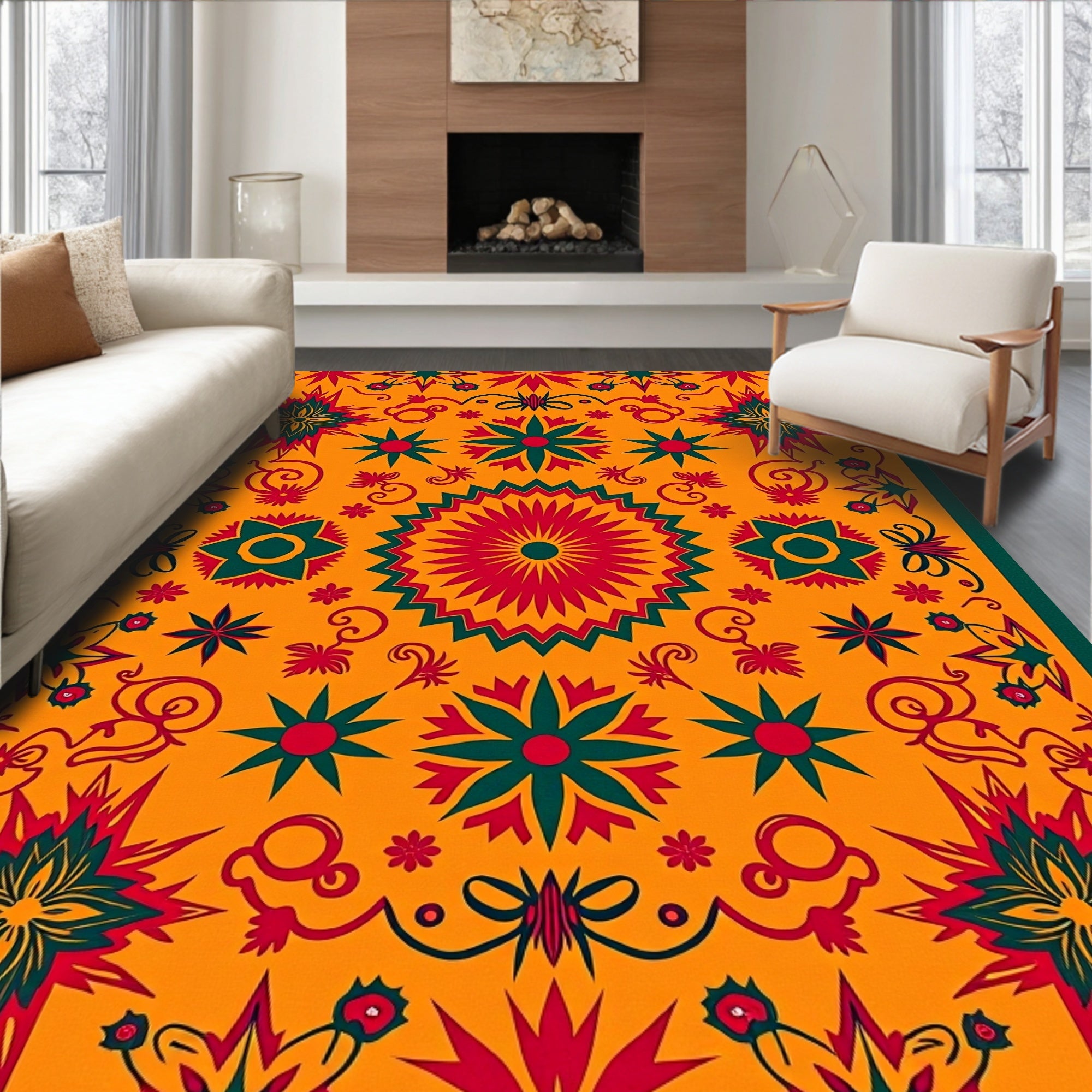 Orange Red Green Starburst Floral Rug