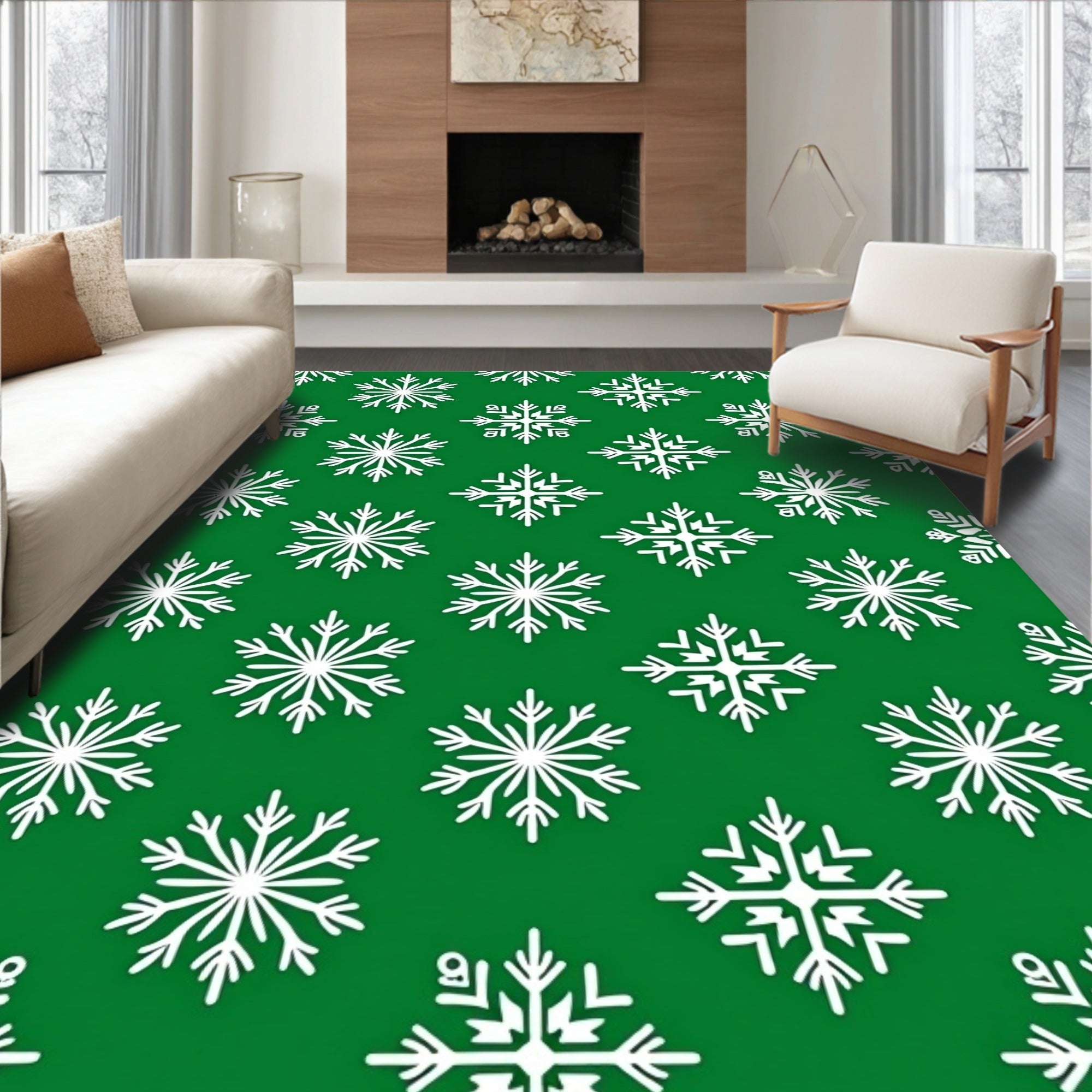 White Snowflake Green Winter Rug