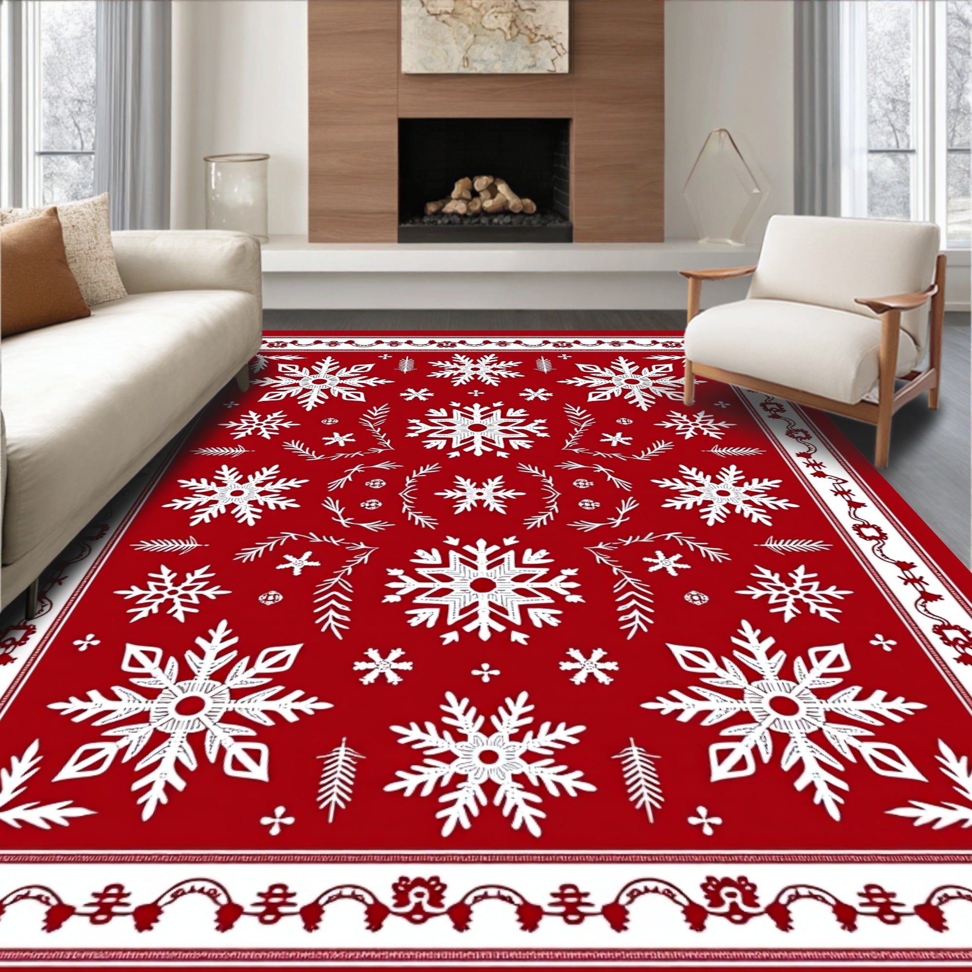 Crimson White Snowflake Winter Medallion Rug