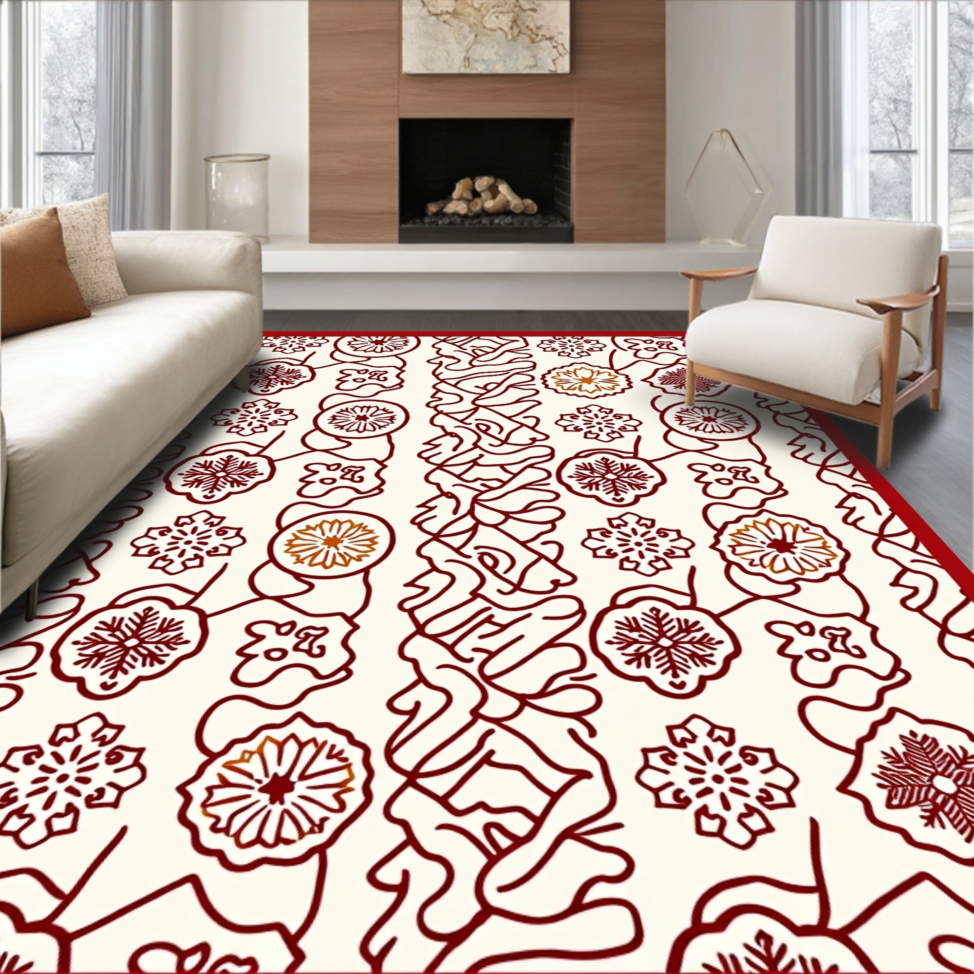 Crimson Snowflake Floral Garland Rug