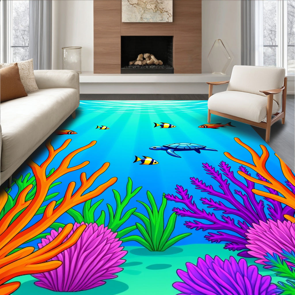 Aqua Marine Life Turtle Coral Scene Rug